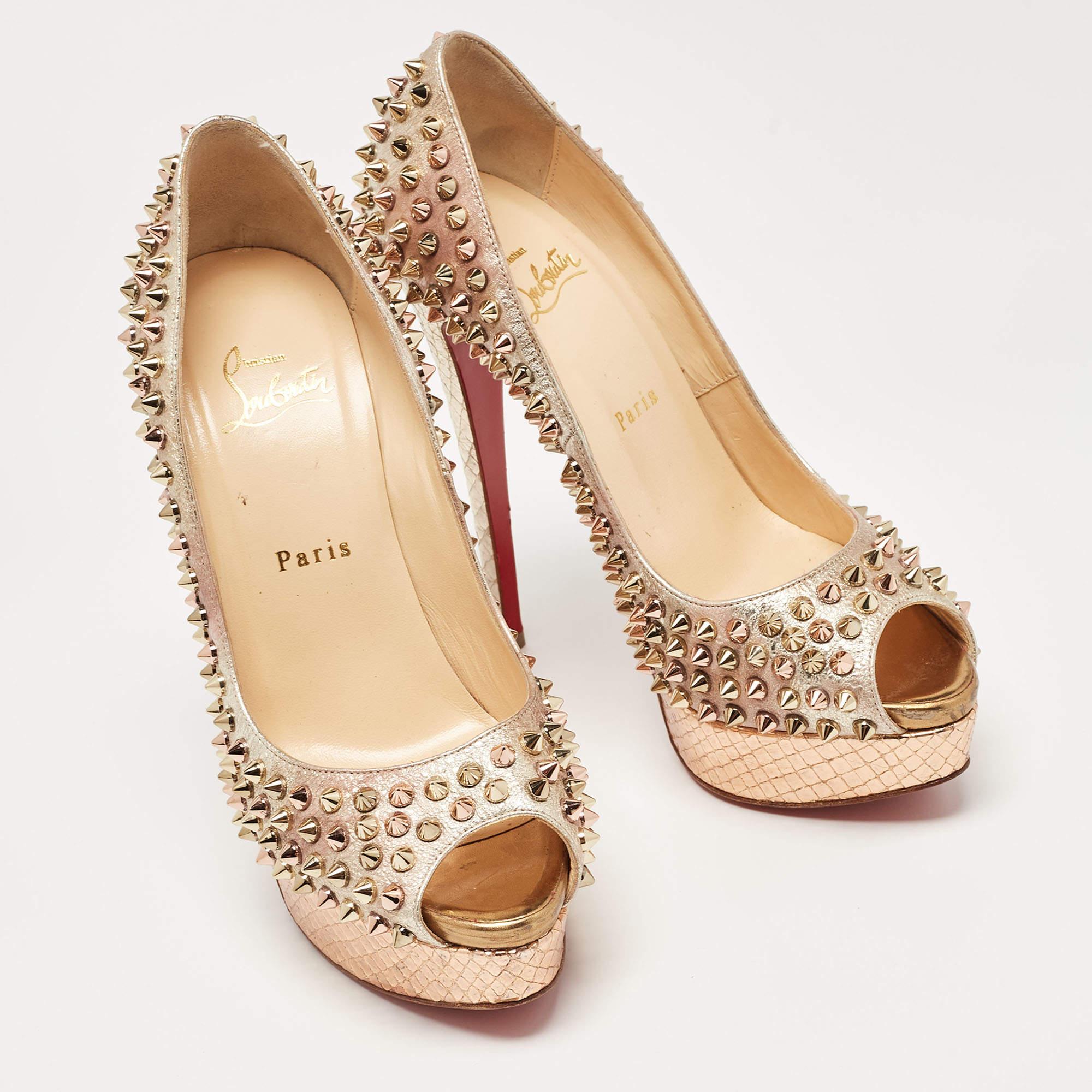Christian Louboutin Pumps in pelle metallizzata Lady Peep Spike Platform Taglia 38 In condizioni buone a Dubai, Al Qouz 2