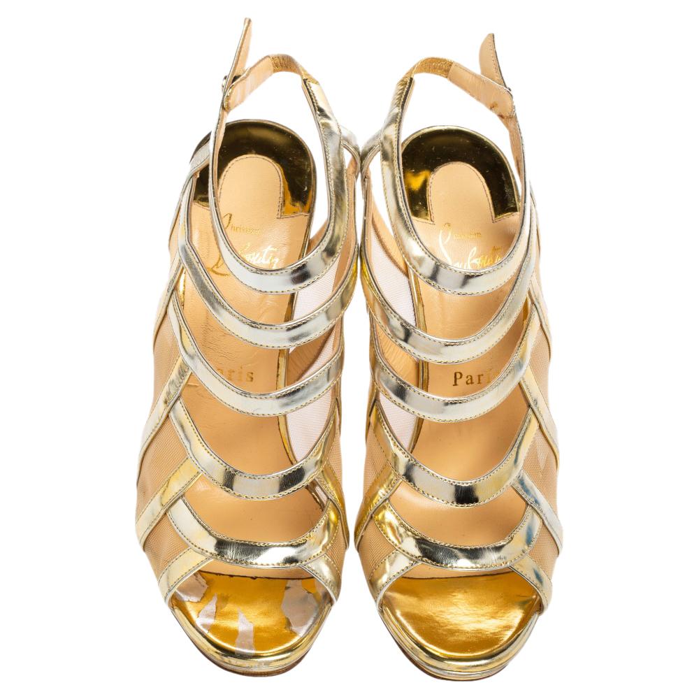 You will fall in love with these modern and structured Nicole sandals from the House of Christian Louboutin. They are made from metallic-gold mesh and leather on the exterior, with slender heels elevating their structure. They feature a caged style