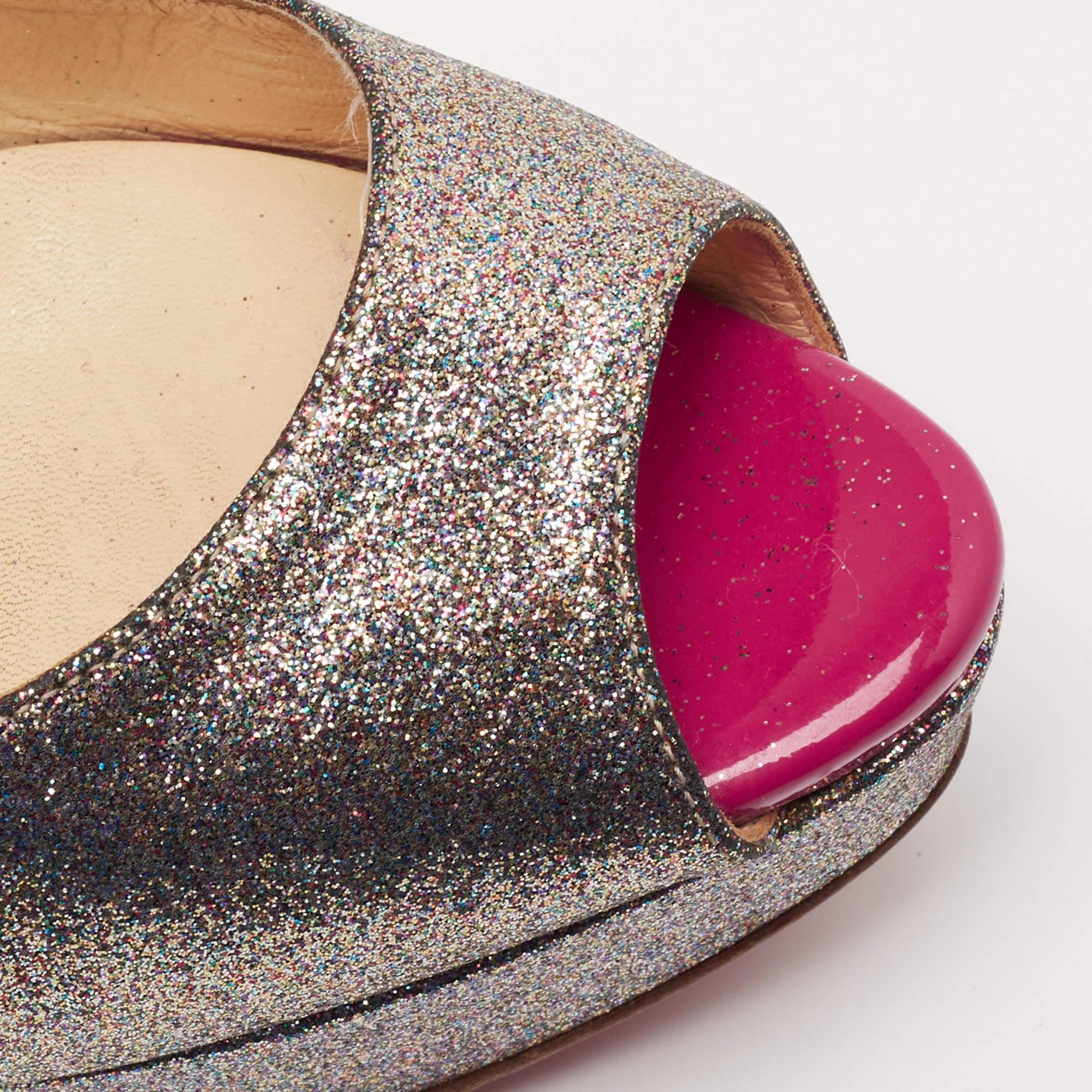 Christian Louboutin Metallic Multicolor Glitter Lady Peep Toe Platform Pumps Siz For Sale 1