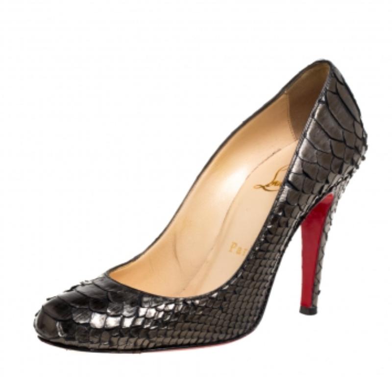 Christian Louboutin Metallic Olive Green Python Leather Fifi Pumps Size 35 For Sale 1