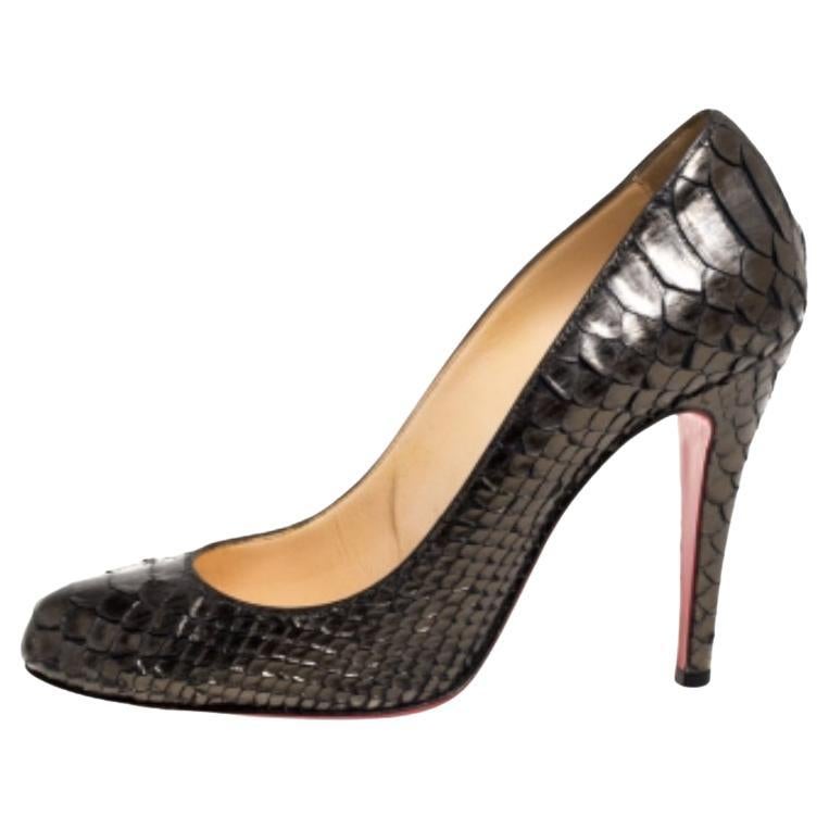 Christian Louboutin Metallic Olive Green Python Leather Fifi Pumps Size 35 For Sale