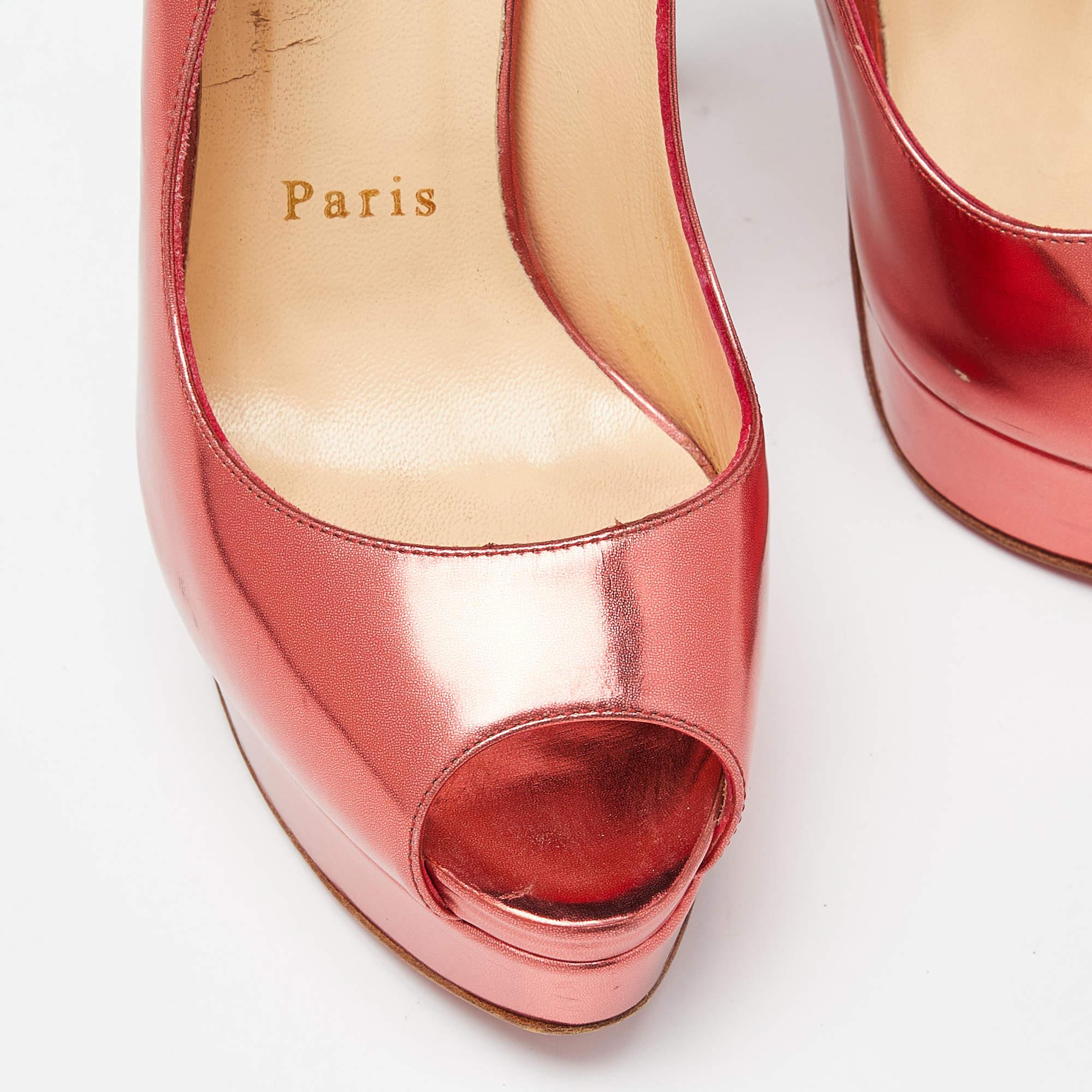 Christian Louboutin Metallic Patent Lady Peep Sling Pumps Size 36.5 In Good Condition For Sale In Dubai, Al Qouz 2