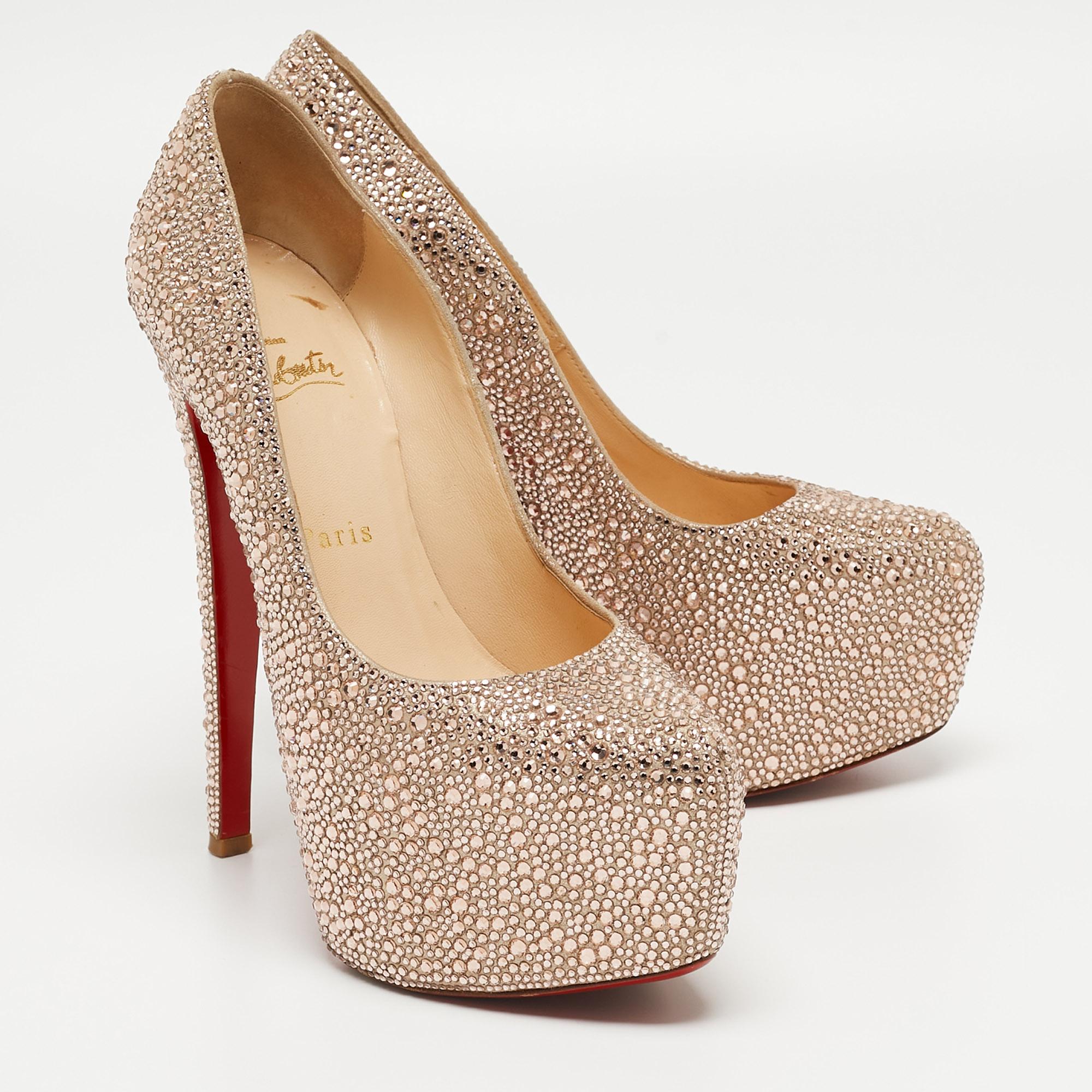 Women's Christian Louboutin Metallic Pink Crystal Embellished Suede Daffodile Pumps Size For Sale
