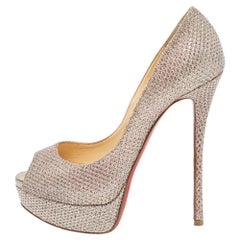 Christian Louboutin Metallic Pink Glitter Fabric Lady Peep Pumps Size 38.5