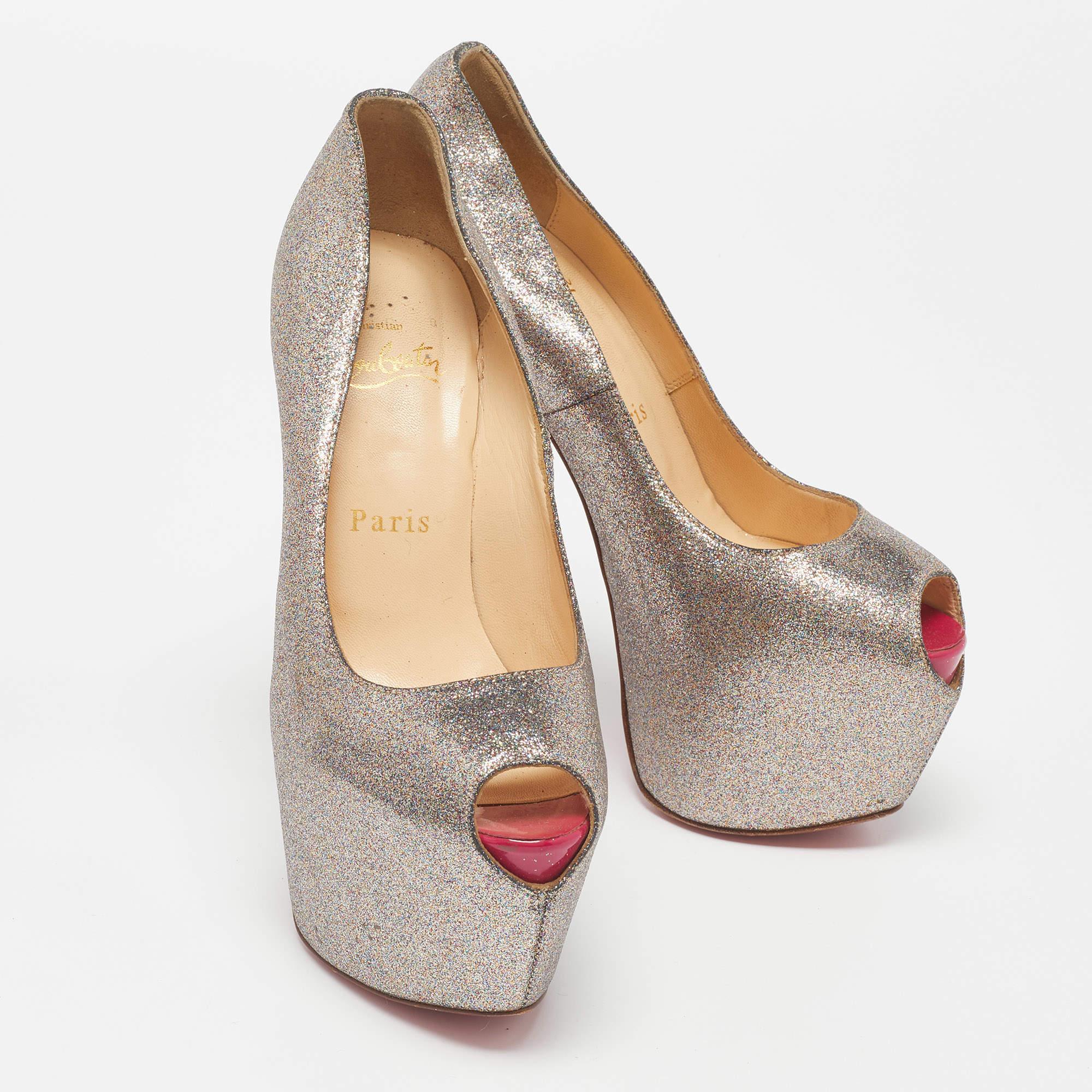 Women's Christian Louboutin Metallic/Pink Glitter Leather Highness Pumps Size 36.5 For Sale