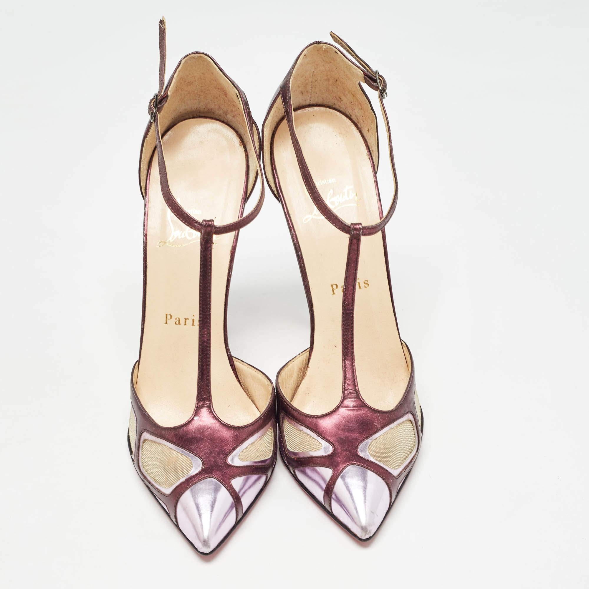 Brown Christian Louboutin Metallic Purple Leather and Mesh T-Strap Pumps Size 37.5 For Sale