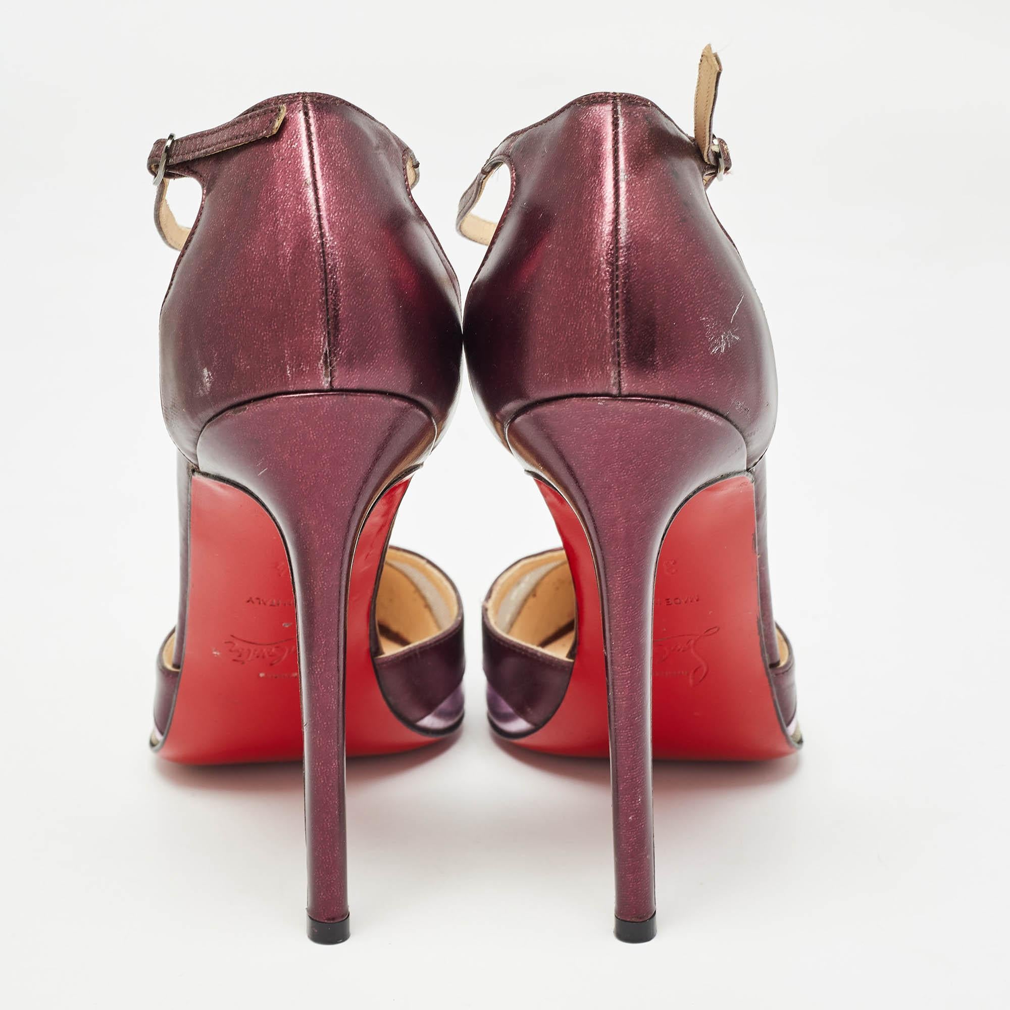 Women's Christian Louboutin Metallic Purple Leather and Mesh T-Strap Pumps Size 37.5 For Sale