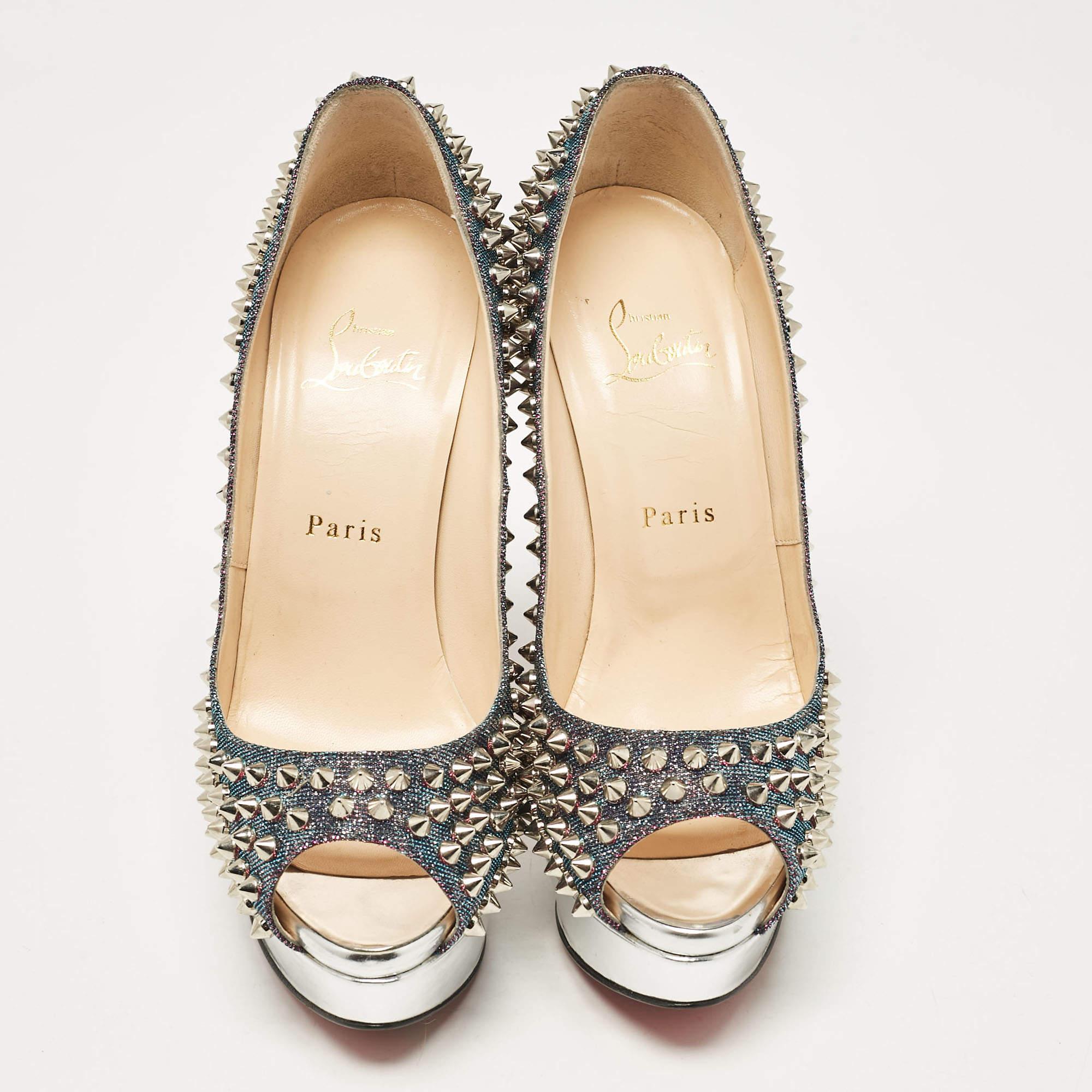Beige Christian Louboutin Metallic Purple Lurex Lady Peep Spikes Pumps Size 38.5