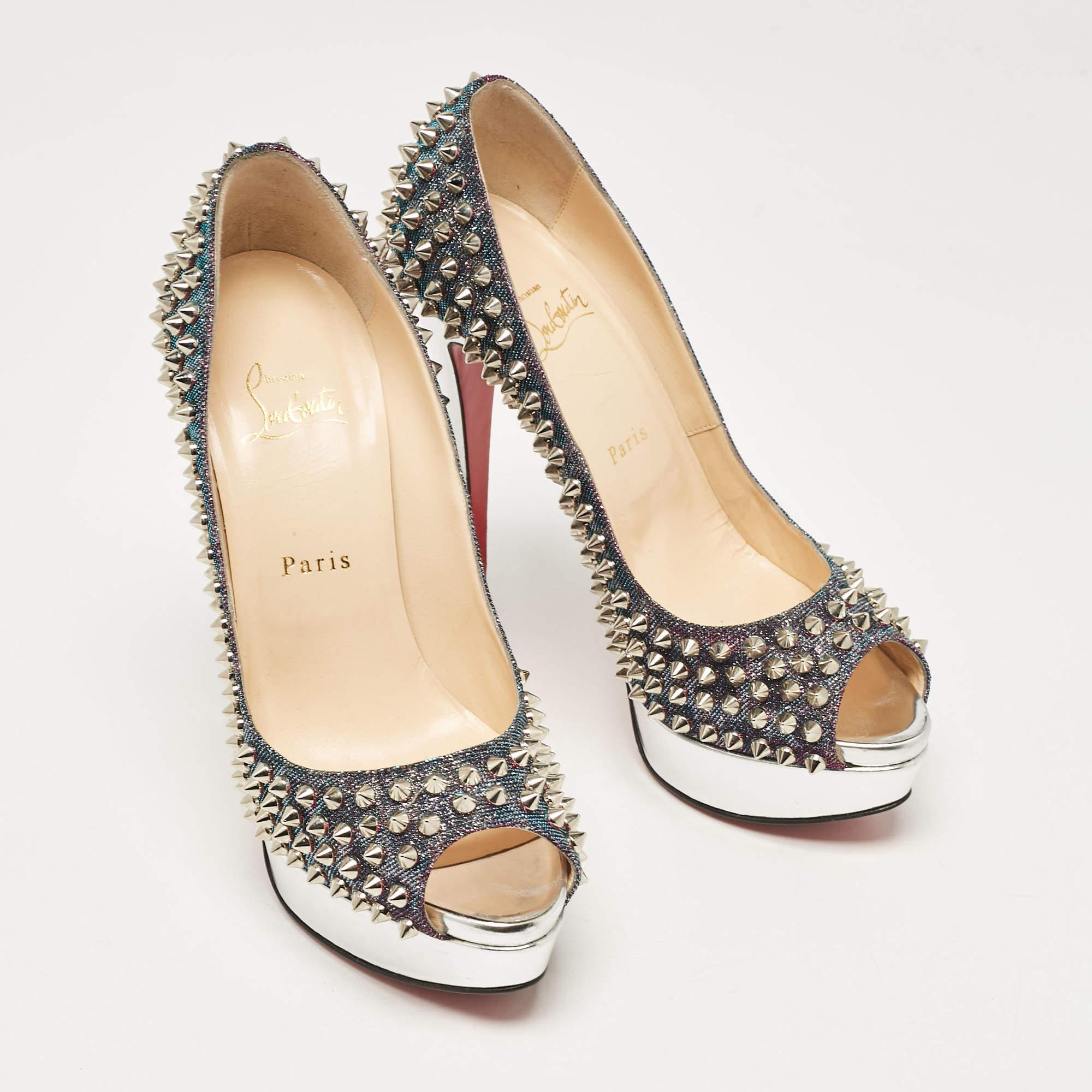 Christian Louboutin Metallic Purple Lurex Lady Peep Spikes Pumps Size 38.5 In Good Condition In Dubai, Al Qouz 2