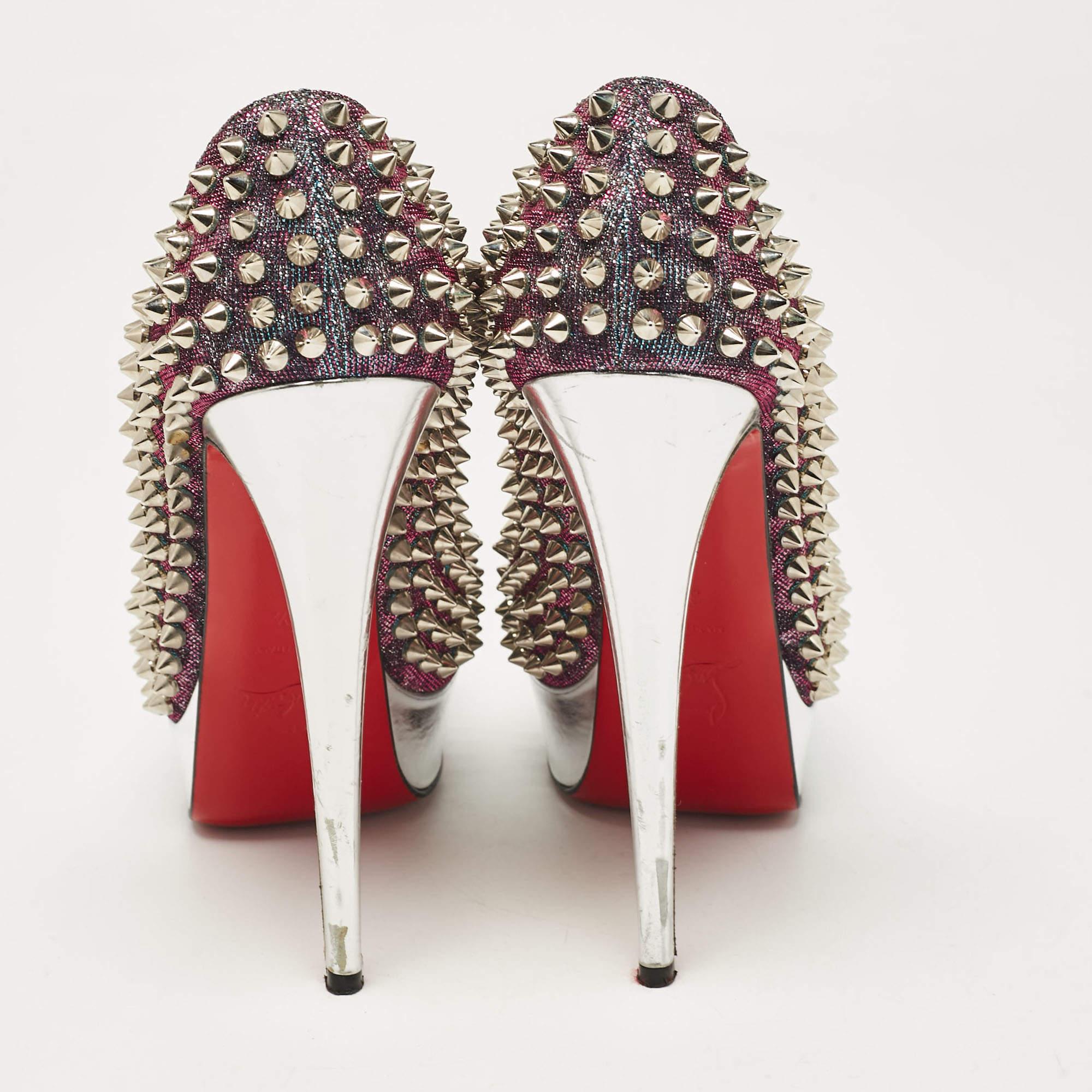 Women's Christian Louboutin Metallic Purple Lurex Lady Peep Spikes Pumps Size 38.5