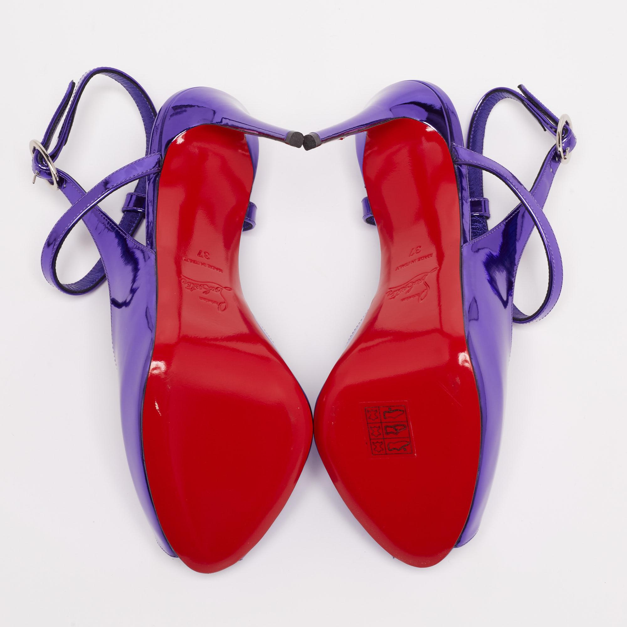 Christian Louboutin Metallic Purple Patent Leather Jenlove Alta Sandals Size 37 1