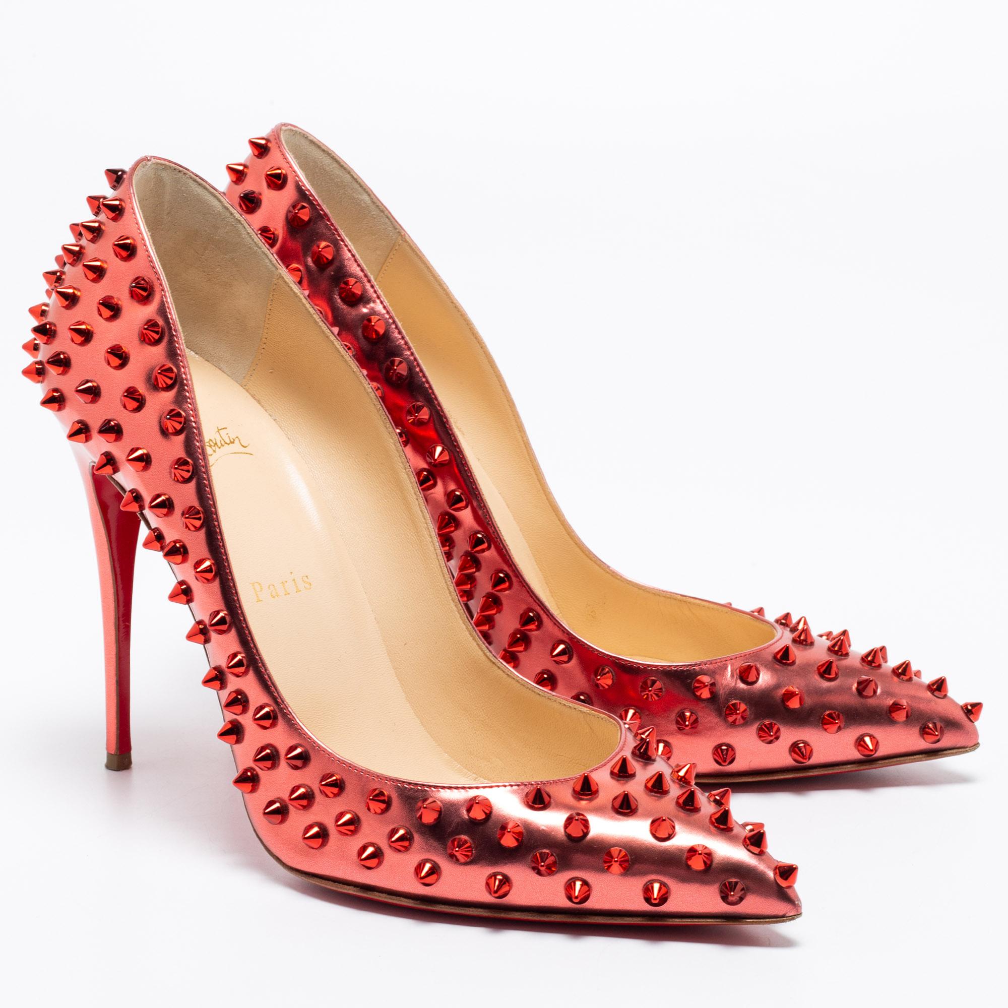 Christian Louboutin Metallic Red Leather Pigalle Spikes Pumps Size 41 3