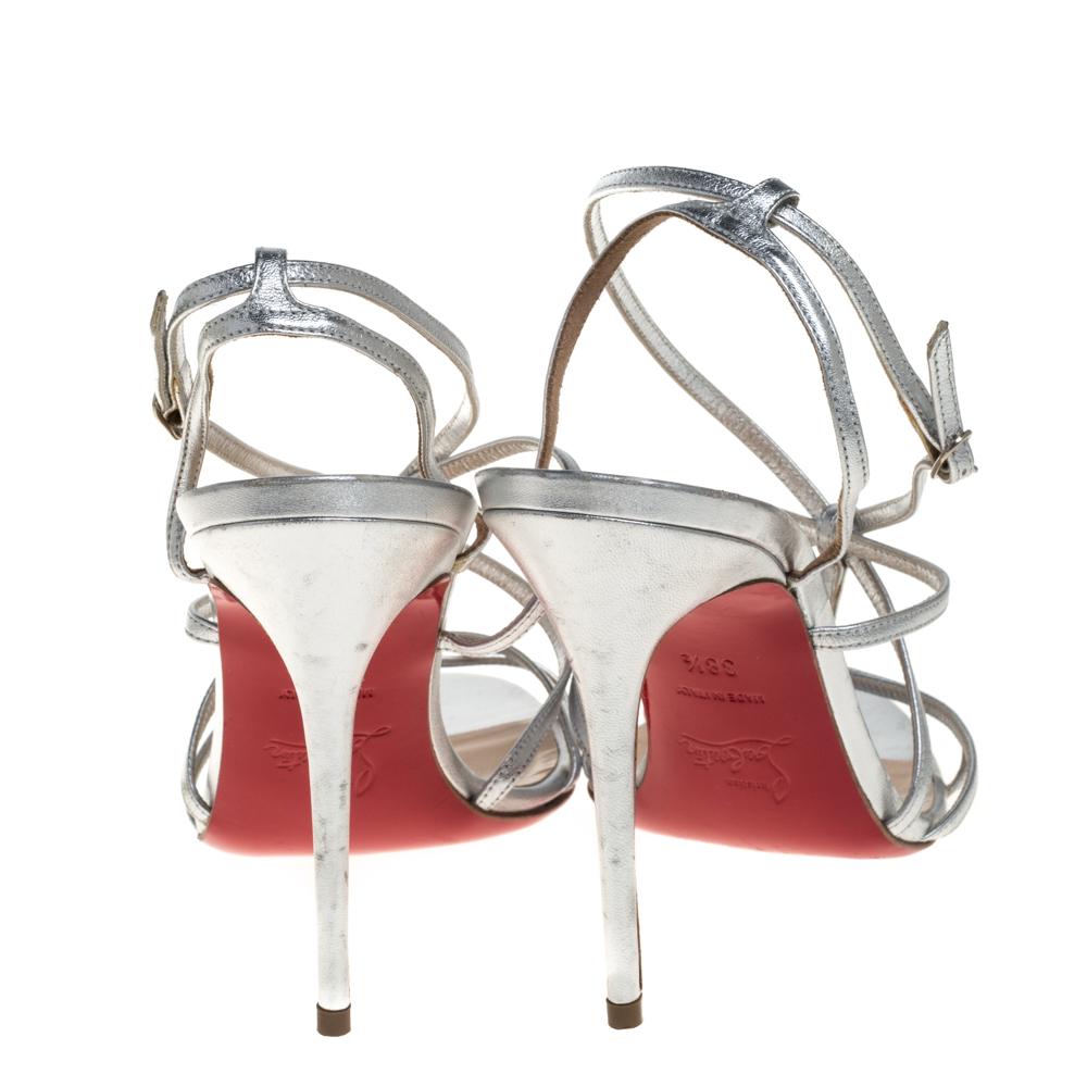 Beige Christian Louboutin Metallic Silver Audrey Strappy Sandals Size 38.5