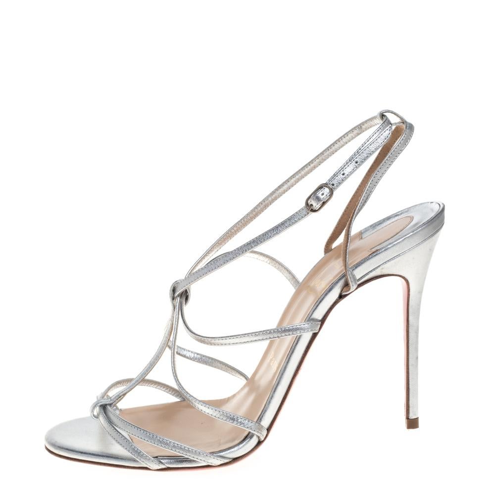 Women's Christian Louboutin Metallic Silver Audrey Strappy Sandals Size 38.5