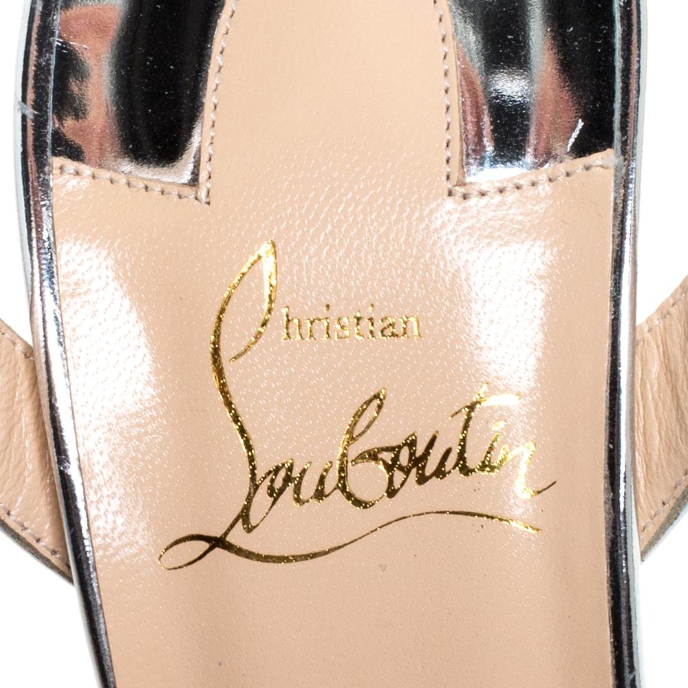 Christian Louboutin Metallic Silver Fabric & Leather Ankle Strap Sandals Size 37 In Excellent Condition In Dubai, Al Qouz 2