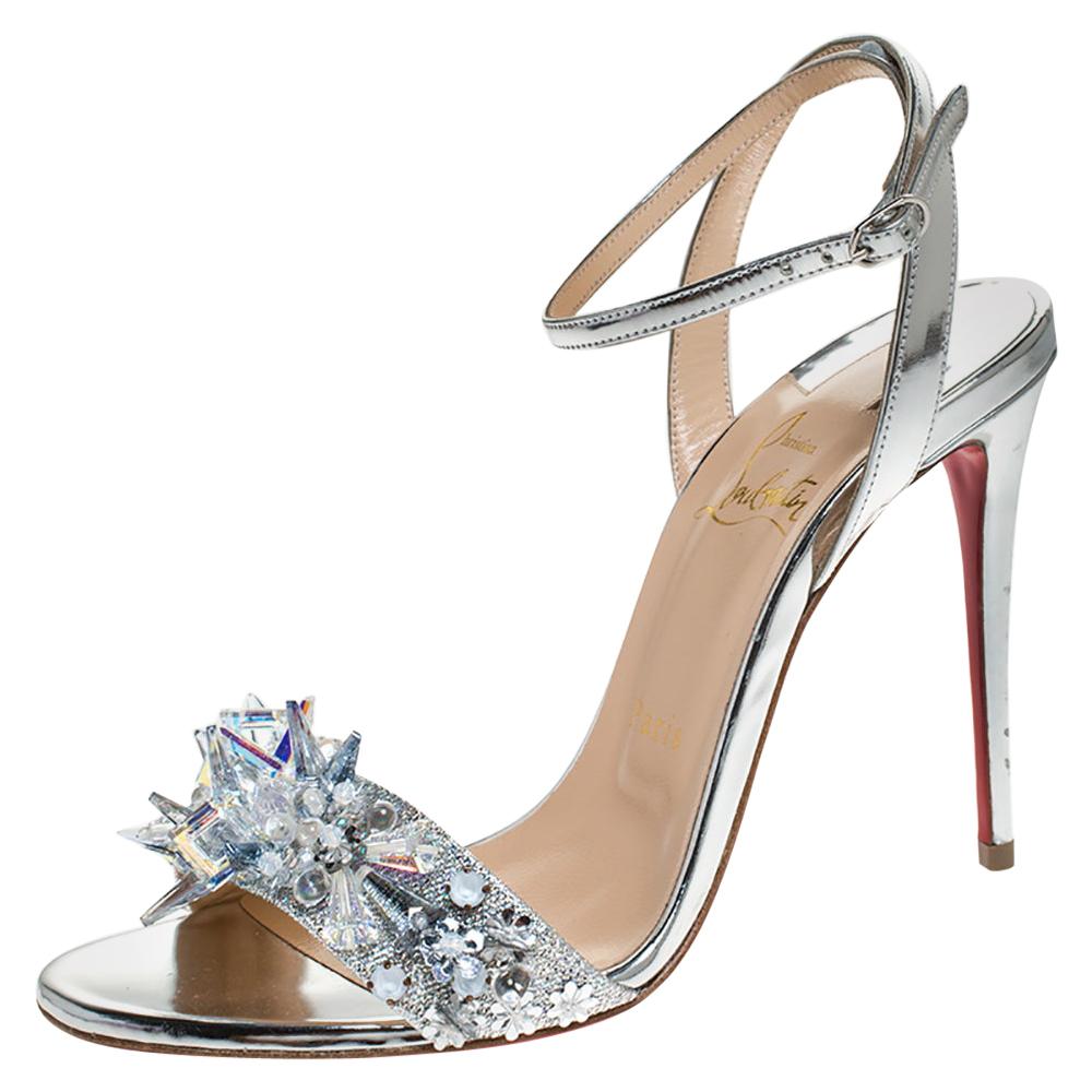 Christian Louboutin Metallic Silver Fabric & Leather Ankle Strap Sandals Size 37