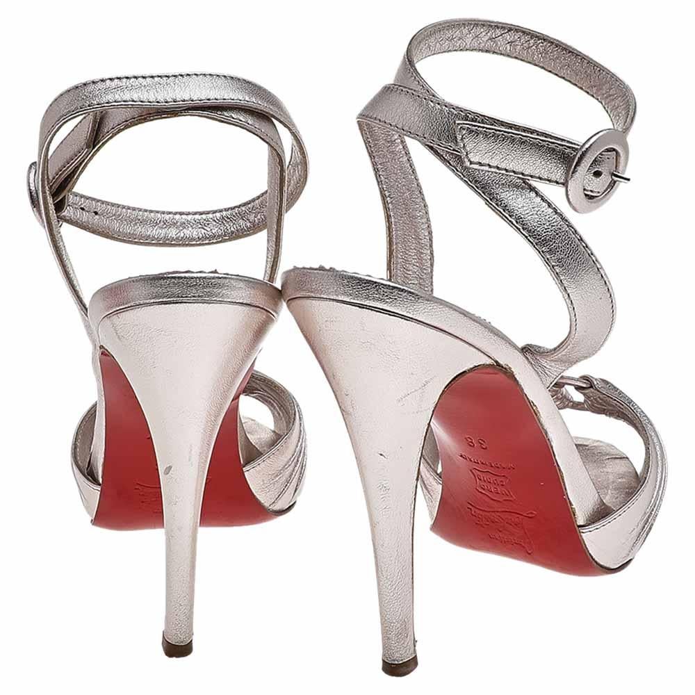Christian Louboutin Metallic Silver Foil Leather Ankle Strap Sandals Size 38 In Good Condition In Dubai, Al Qouz 2