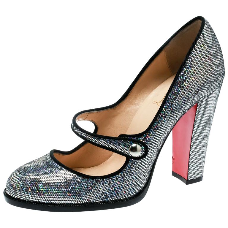 Christian Metallic Silver Glitter Fabric Mary Jane Pumps Show Size 40 For Sale at