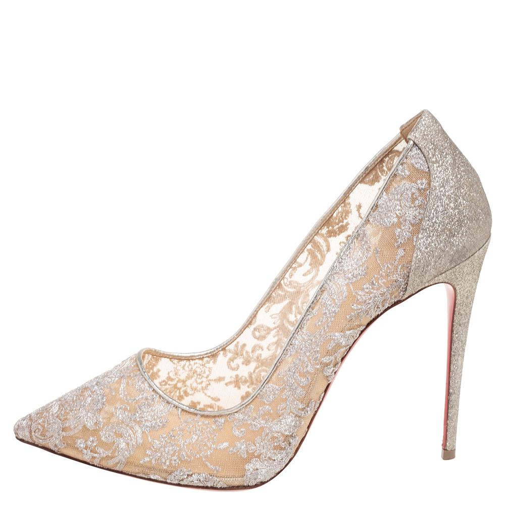 Women's Christian Louboutin Metallic Silver Lace And Glitter Follies Pumps Size 41