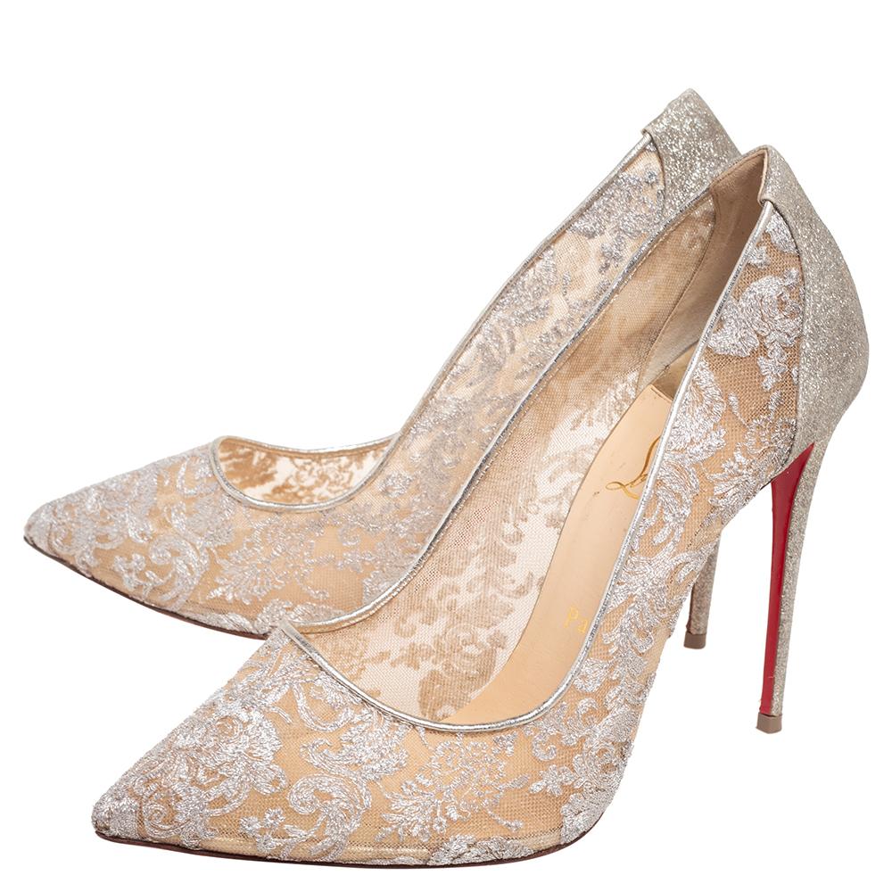 Christian Louboutin Metallic Silver Lace And Glitter Follies Pumps Size 41 1