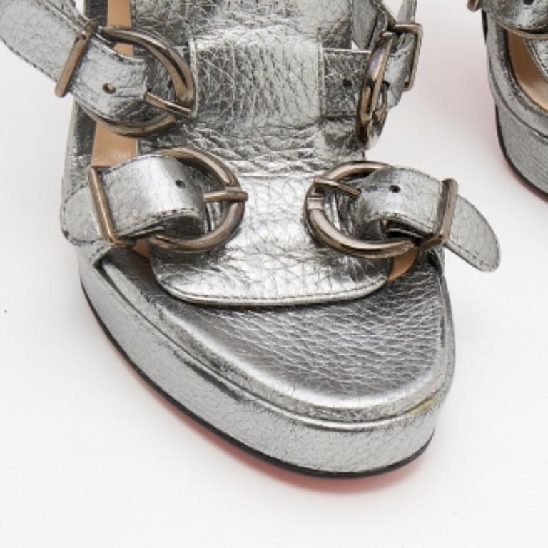Christian Louboutin Metallic Silver Leather Buckle Sandals Size 35.5 For Sale 1
