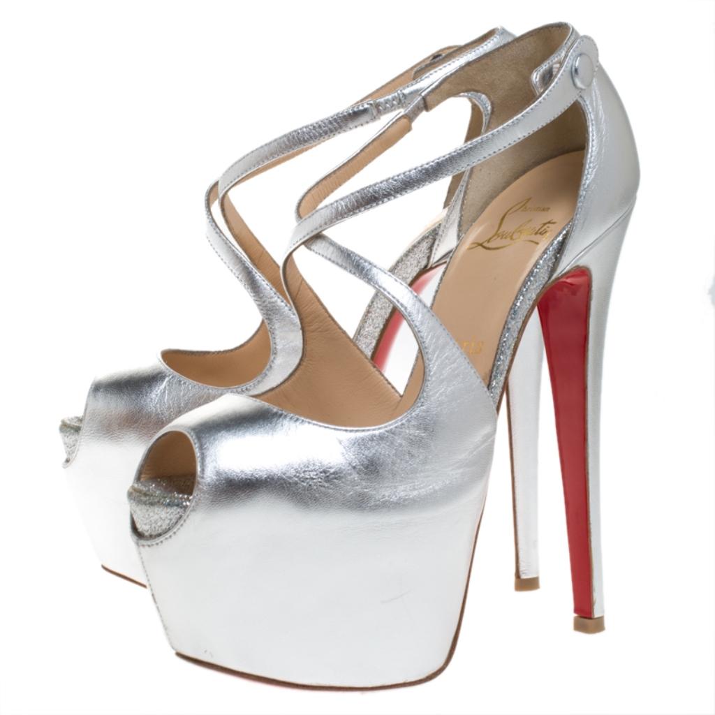Women's Christian Louboutin Metallic Silver Leather Exagona Platform Sandals Size 36.5