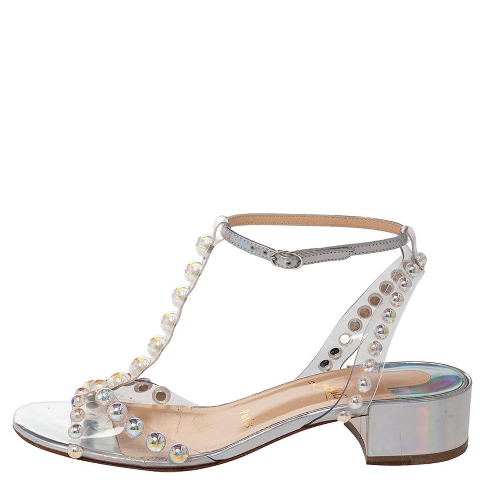 Beige Christian Louboutin Metallic Silver Patent Leather And PVC Faridaravie Sandals S