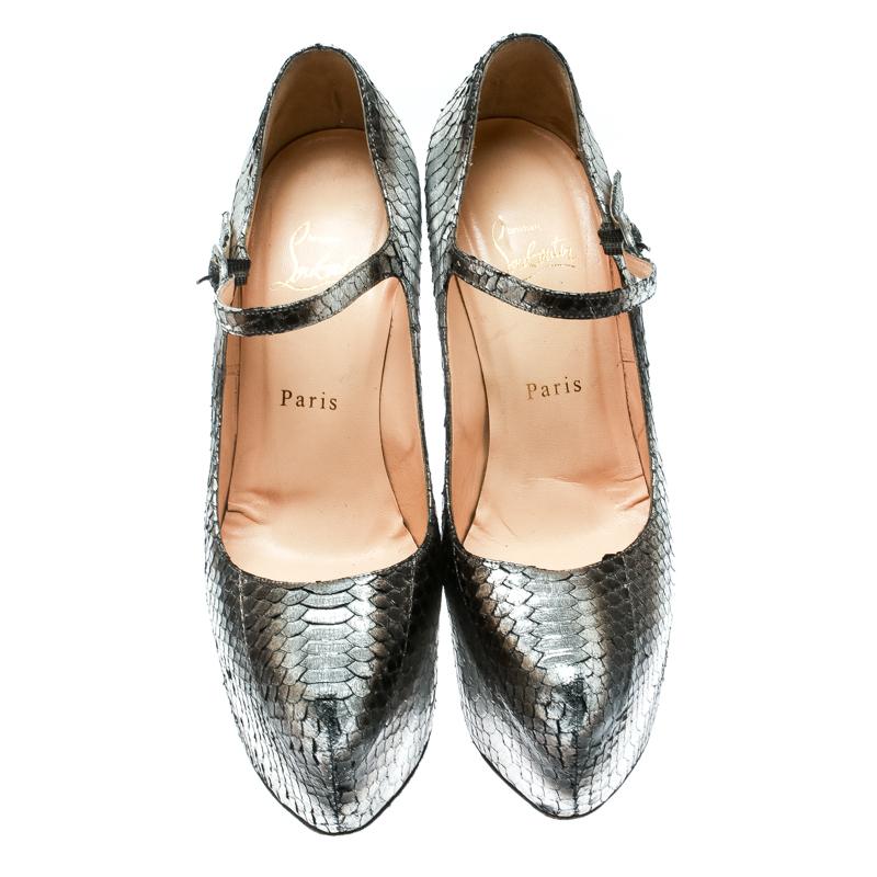 Brown Christian Louboutin Metallic Silver Watersnake Daffodile Platform Pumps Size 38