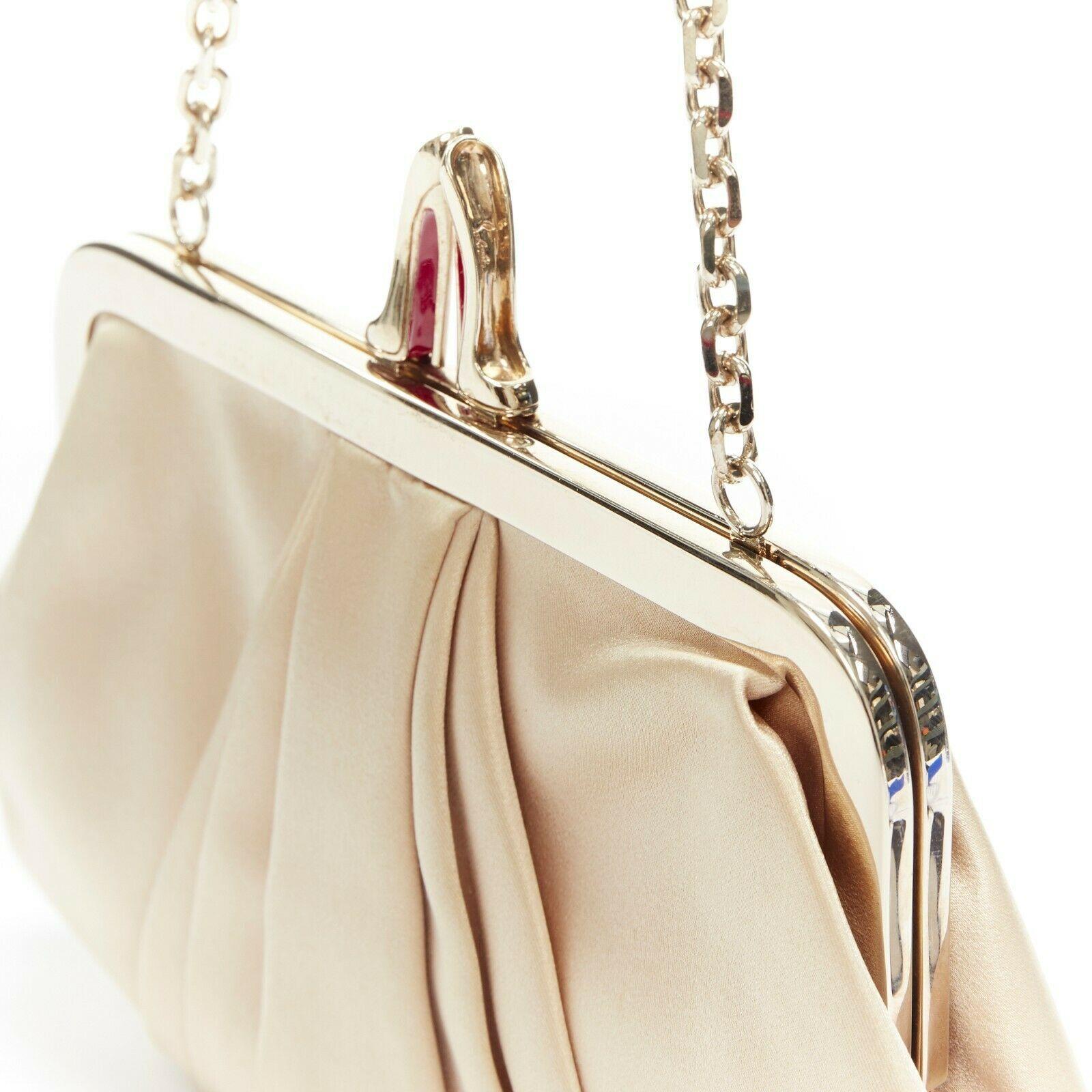 CHRISTIAN LOUBOUTIN Mini Loubi beige champagne gold satin pleated chain clutch In Good Condition In Hong Kong, NT