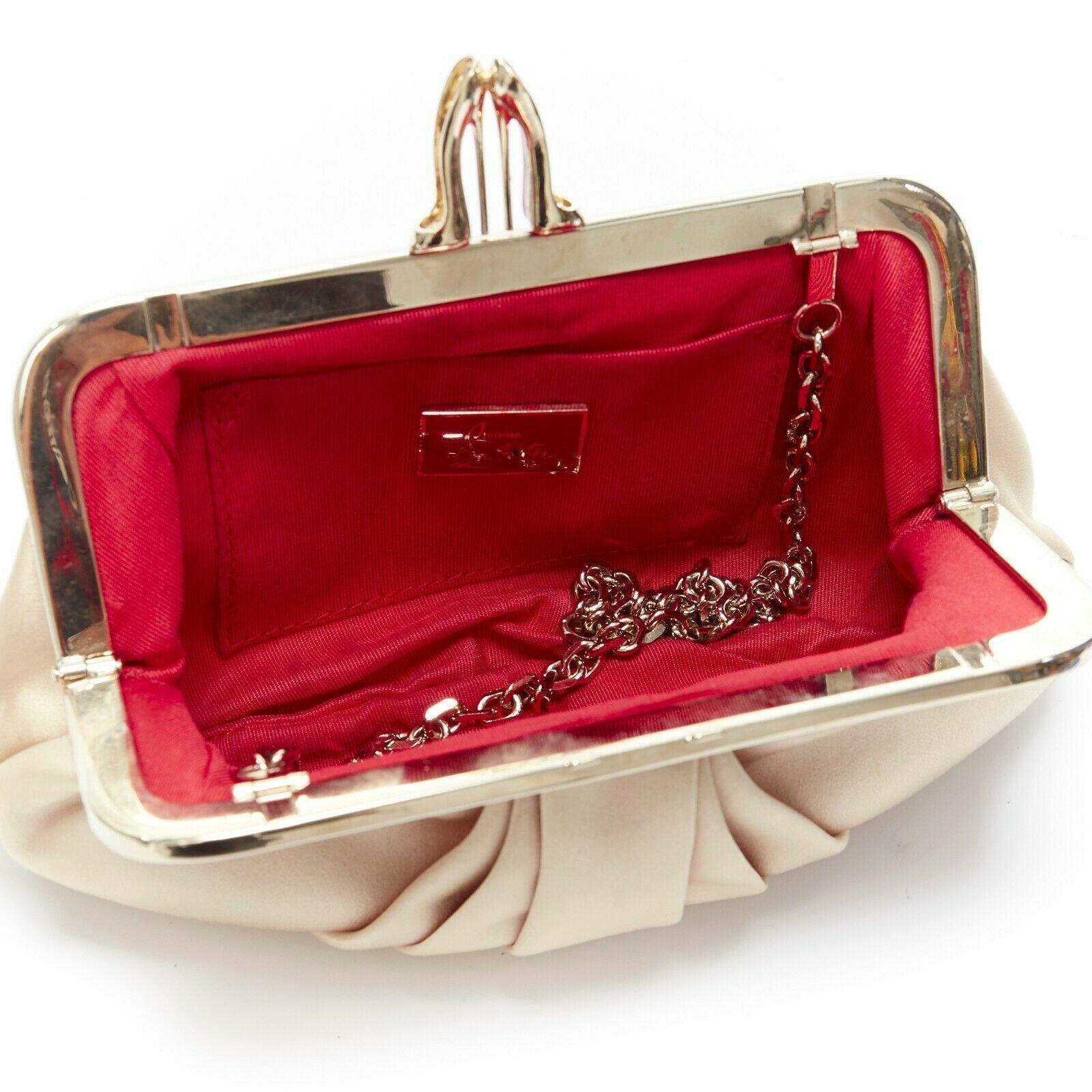 Women's CHRISTIAN LOUBOUTIN Mini Loubi beige champagne gold satin pleated chain clutch