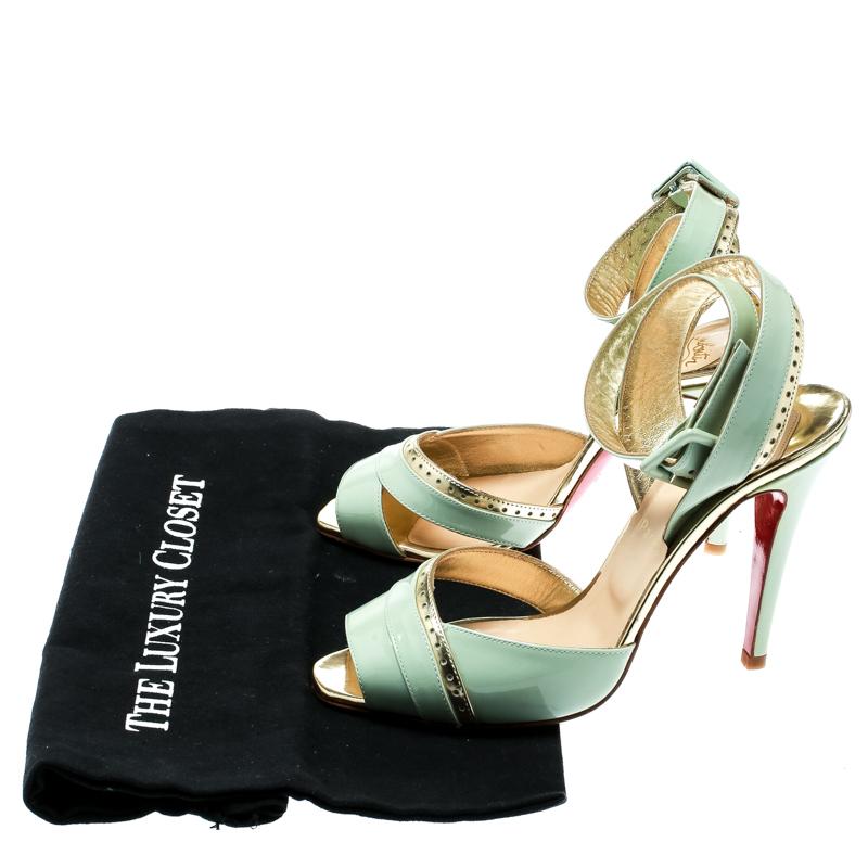Women's Christian Louboutin Mint Green Patent Leather Escatin Cross Ankle Strap Sandals 