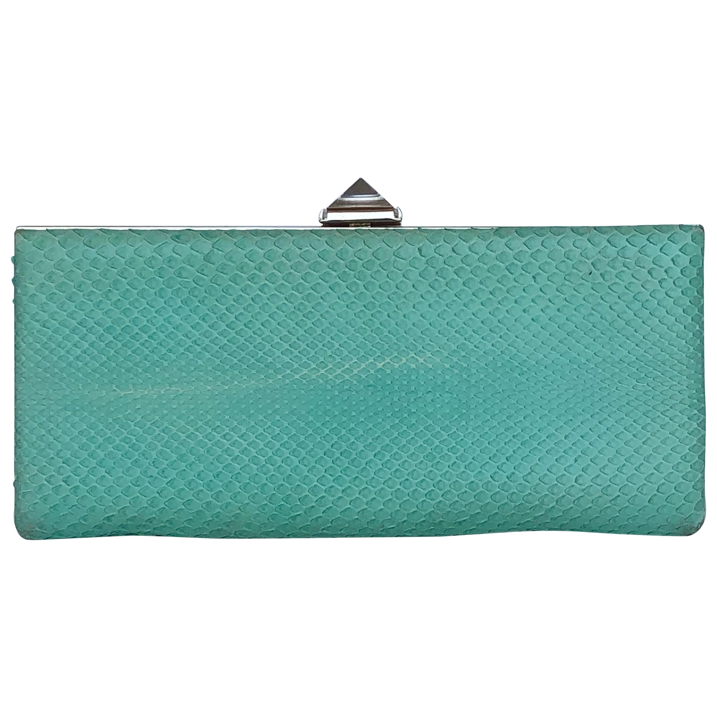  CHRISTIAN LOUBOUTIN mint green snake skin pyramid stud crystal evening clutch For Sale