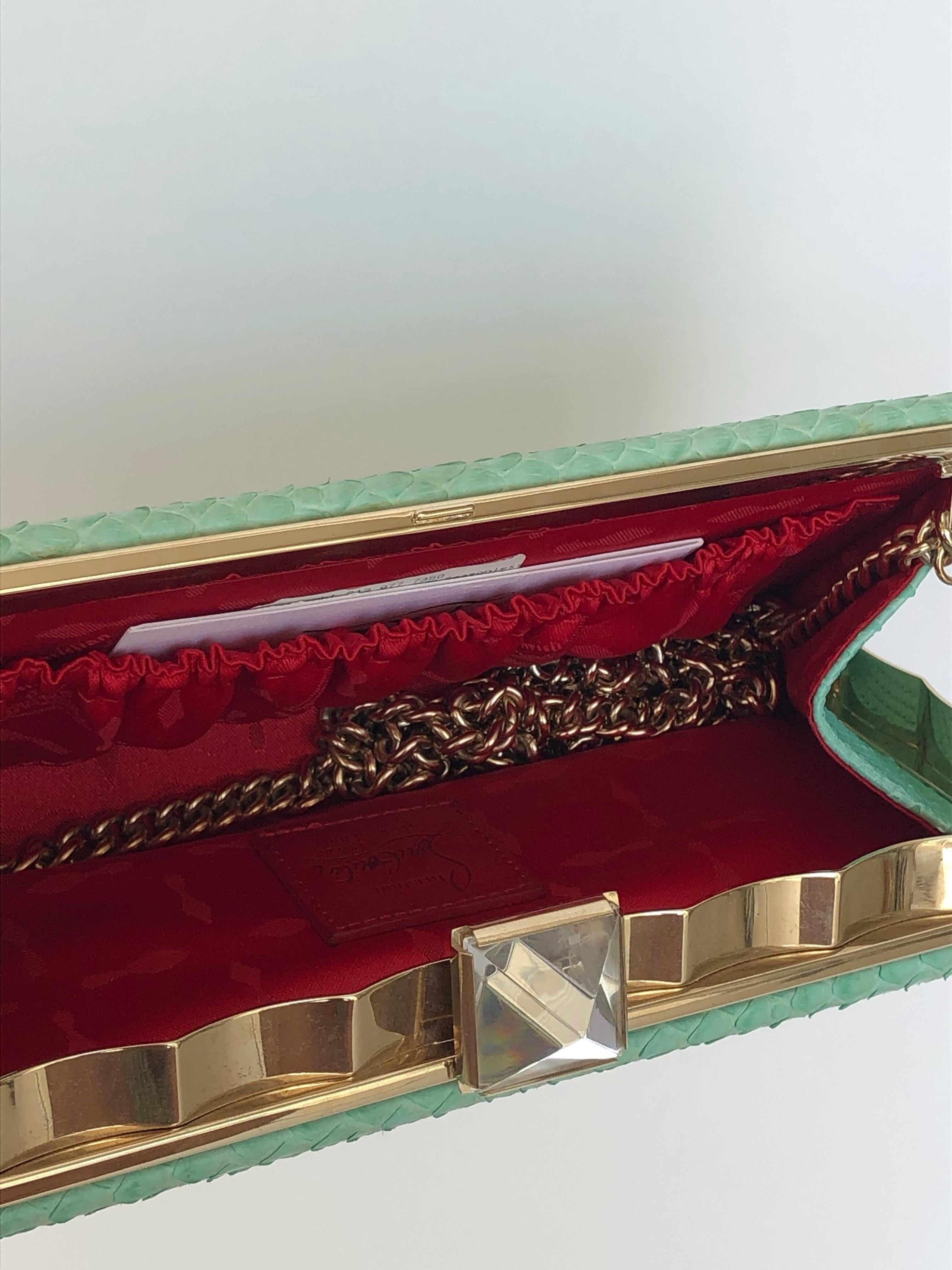 Blue CHRISTIAN LOUBOUTIN mint snake pyramid stud crystal evening clutch For Sale