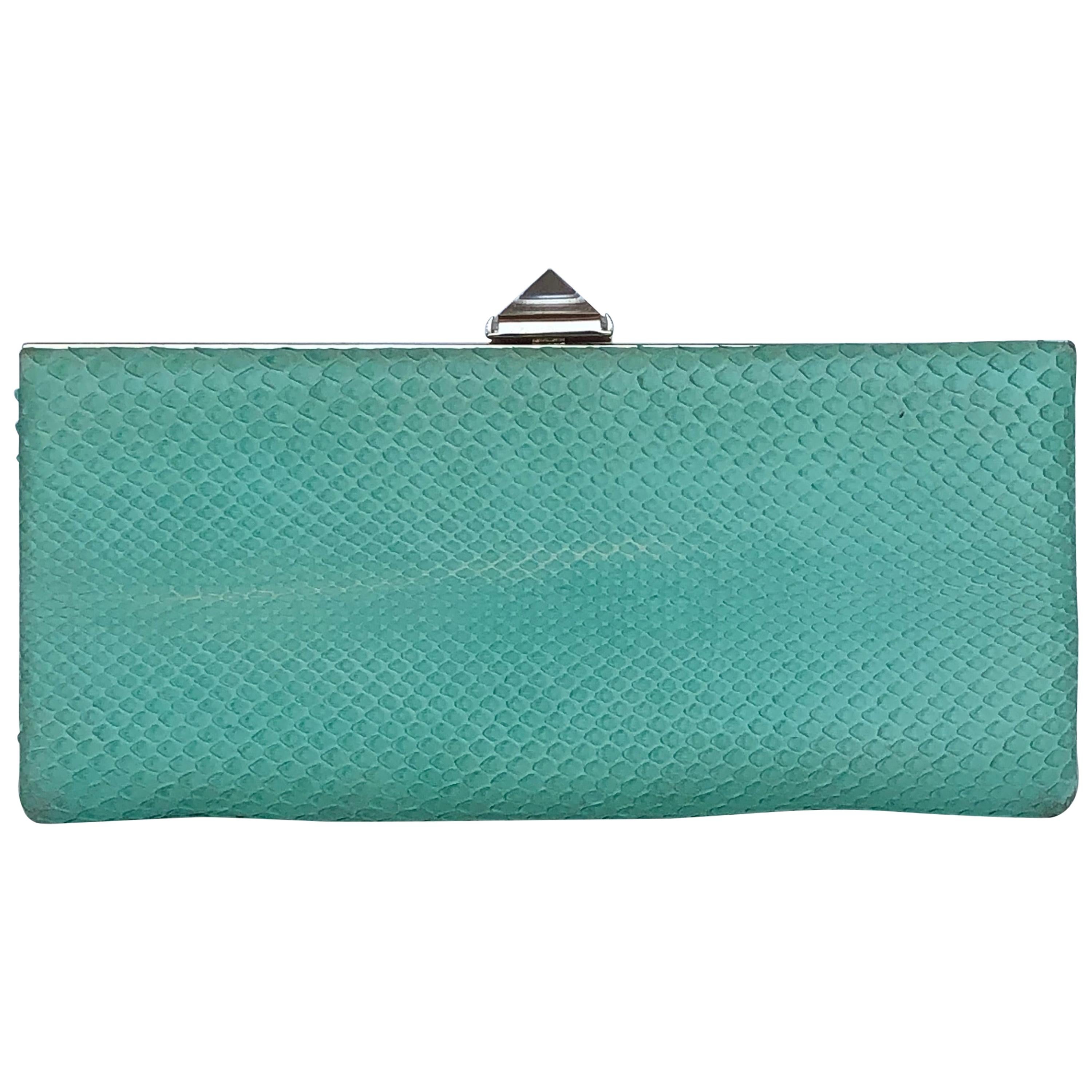 CHRISTIAN LOUBOUTIN mint snake pyramid stud crystal evening clutch For Sale