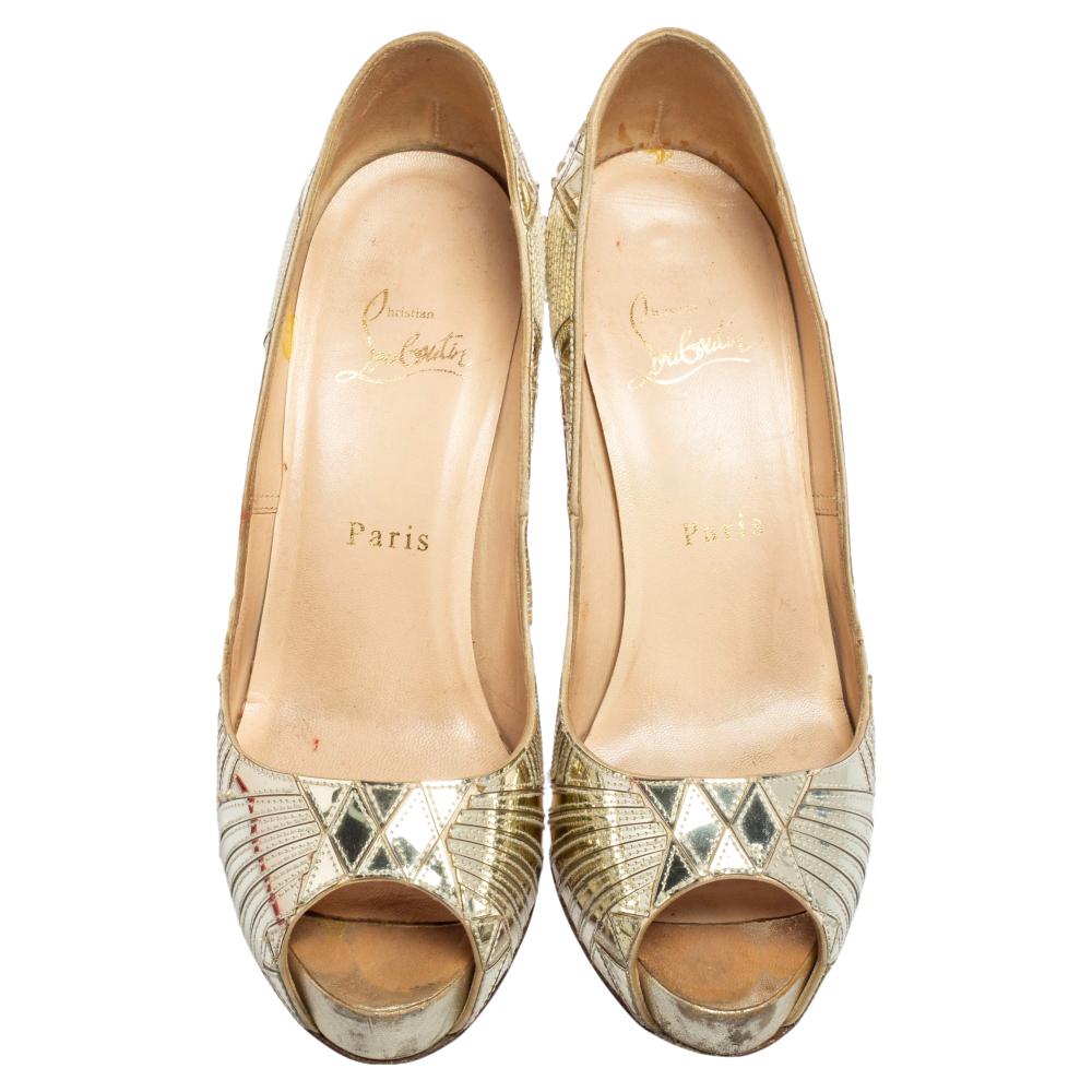 Beige Christian Louboutin Mirror Leather Very Galaxy Art Deco Peep-Toe Pumps Size 37 For Sale