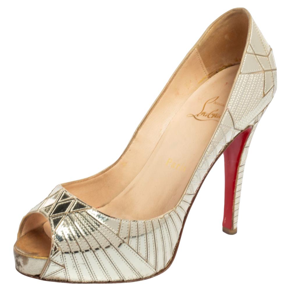 Christian Louboutin Mirror Leather Very Galaxy Art Deco Peep-Toe Pumps Size 37 For Sale 3