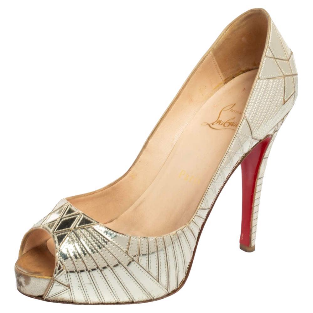 Christian Louboutin Mirror Leather Very Galaxy Art Deco Peep-Toe Pumps Size 37 For Sale
