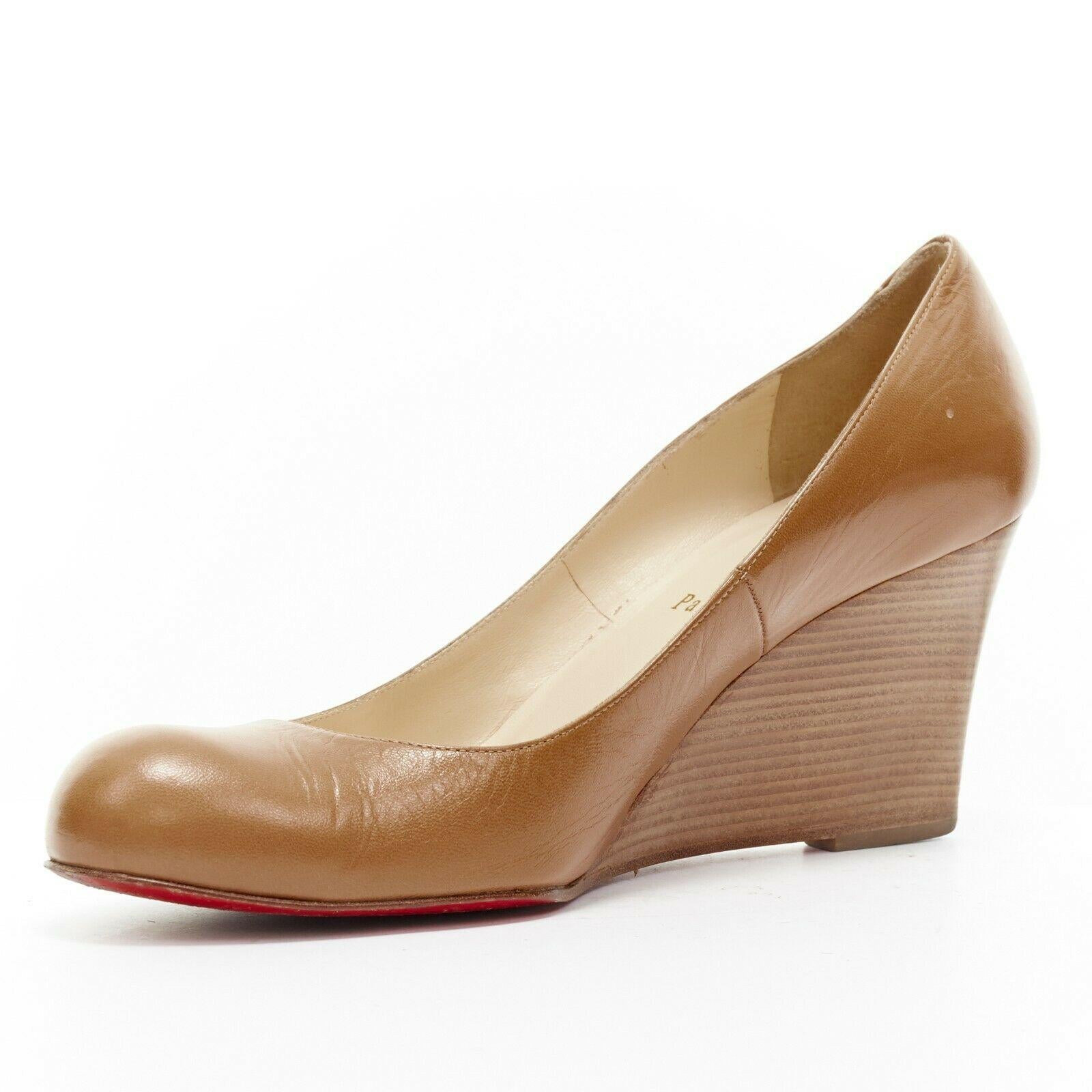 Brown CHRISTIAN LOUBOUTIN Miss Boxe brown leather round toe stacked wooden wedge EU40