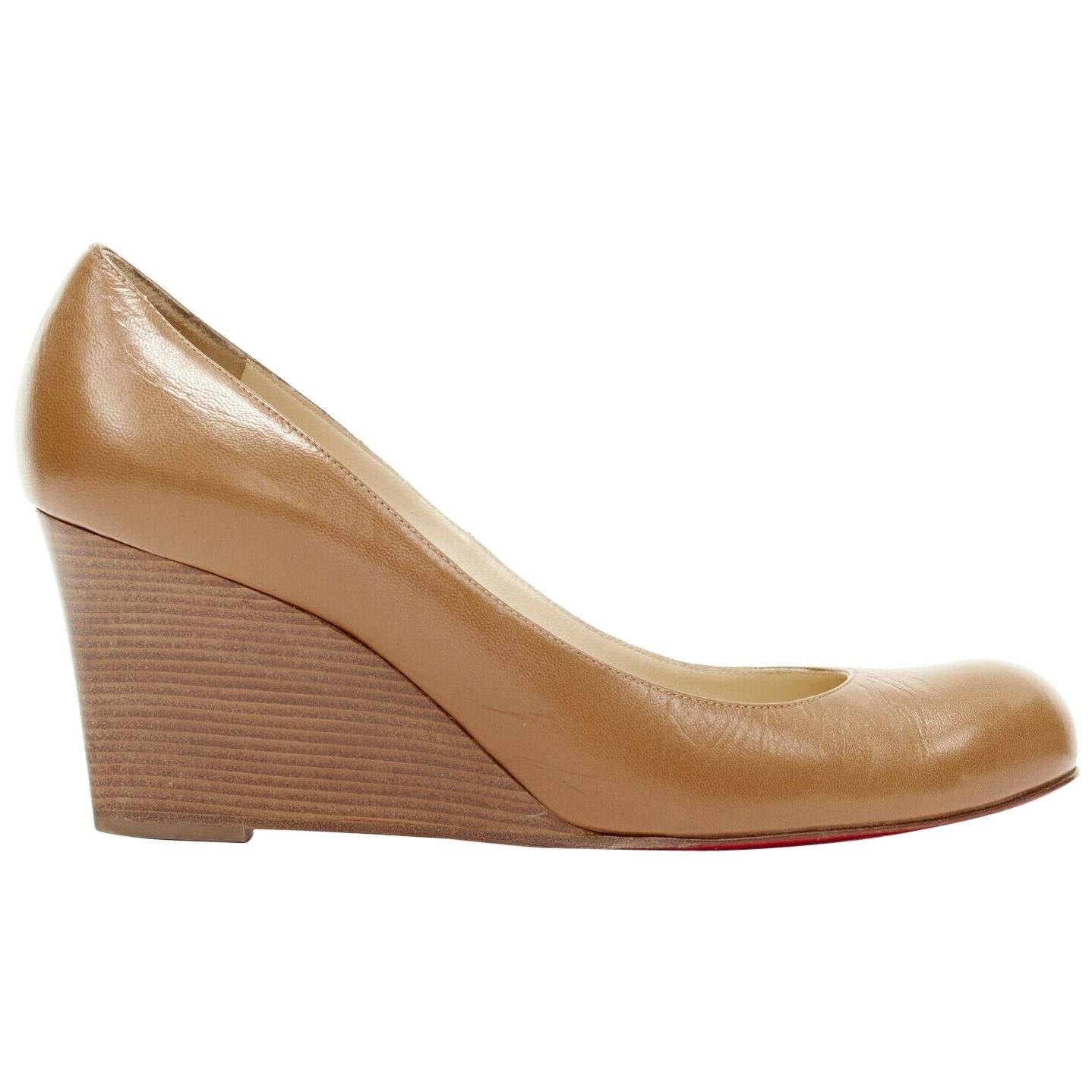 CHRISTIAN LOUBOUTIN Miss Boxe brown leather round toe stacked wooden wedge EU40