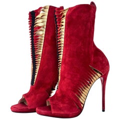 Christian Louboutin Miss Circus 120 Red Suede Peep Toe High Heeled Bootie 37