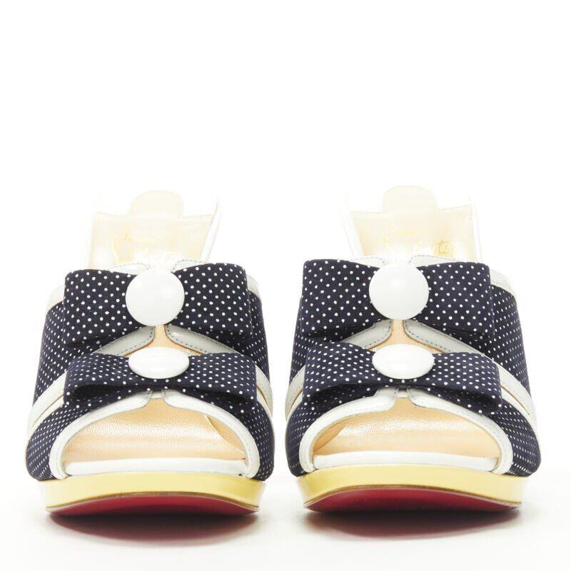 White CHRISTIAN LOUBOUTIN Miss Daisy 120 navy polka dot bow platform mule EU36.5