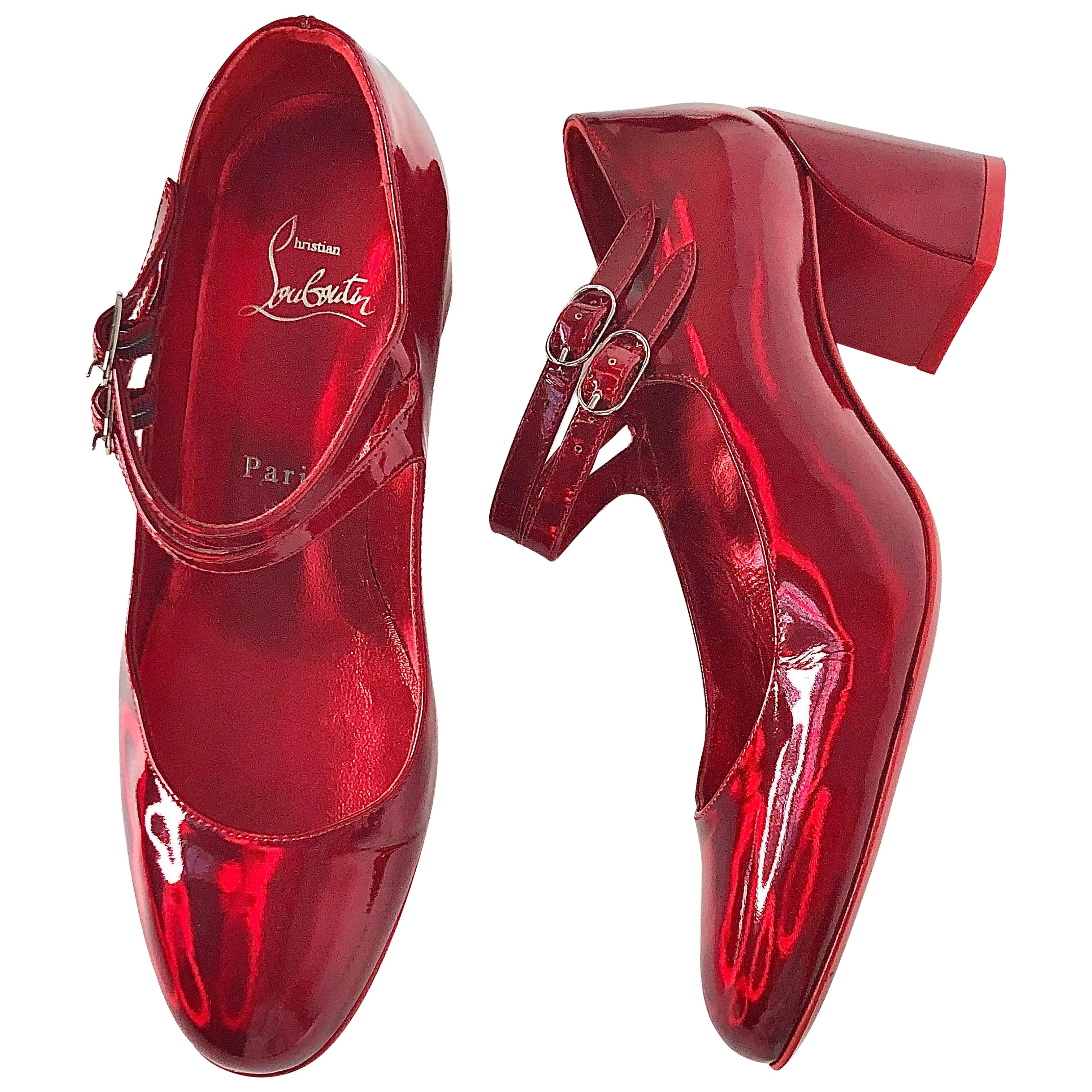 Christian Louboutin Miss Jane 55 Iridescent Patent Red Maryjane Pumps 36