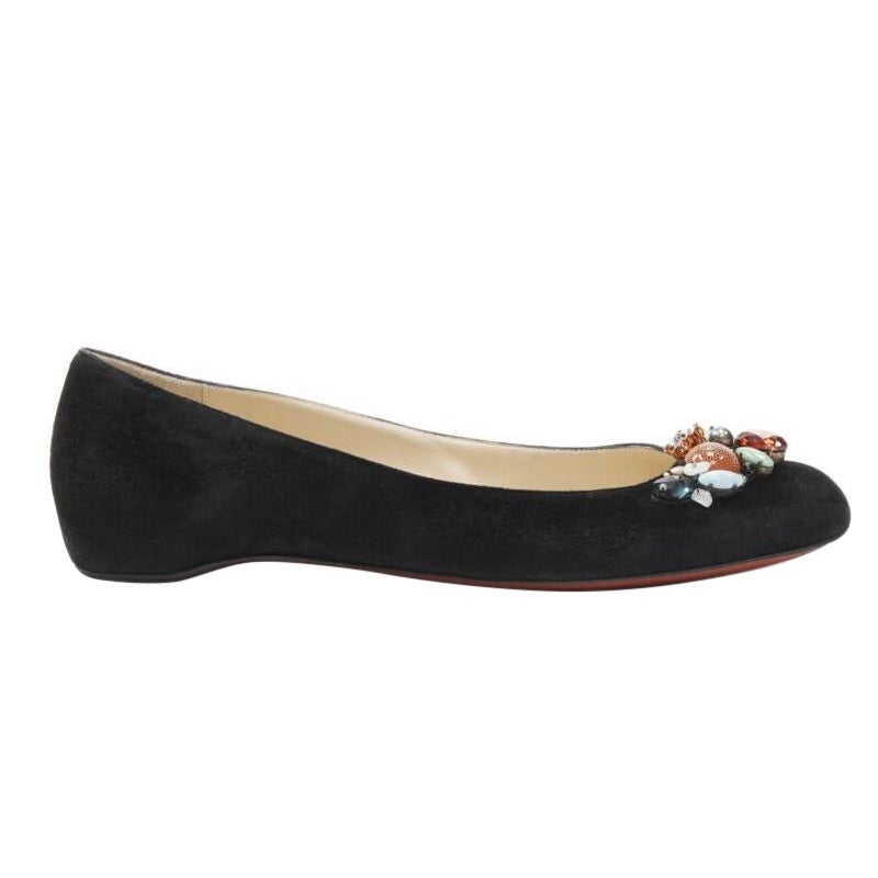 CHRISTIAN LOUBOUTIN mixed crystal stone embellished black suede flats EU37.5