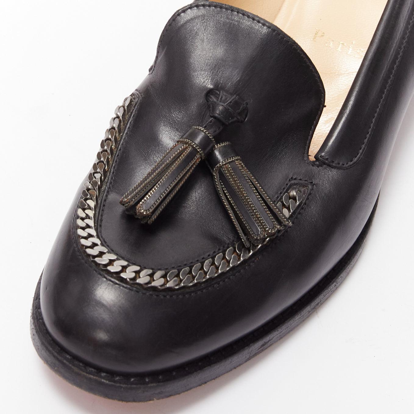 CHRISTIAN LOUBOUTIN Monaliso black leather chain trimmed tassel loafer EU38 4