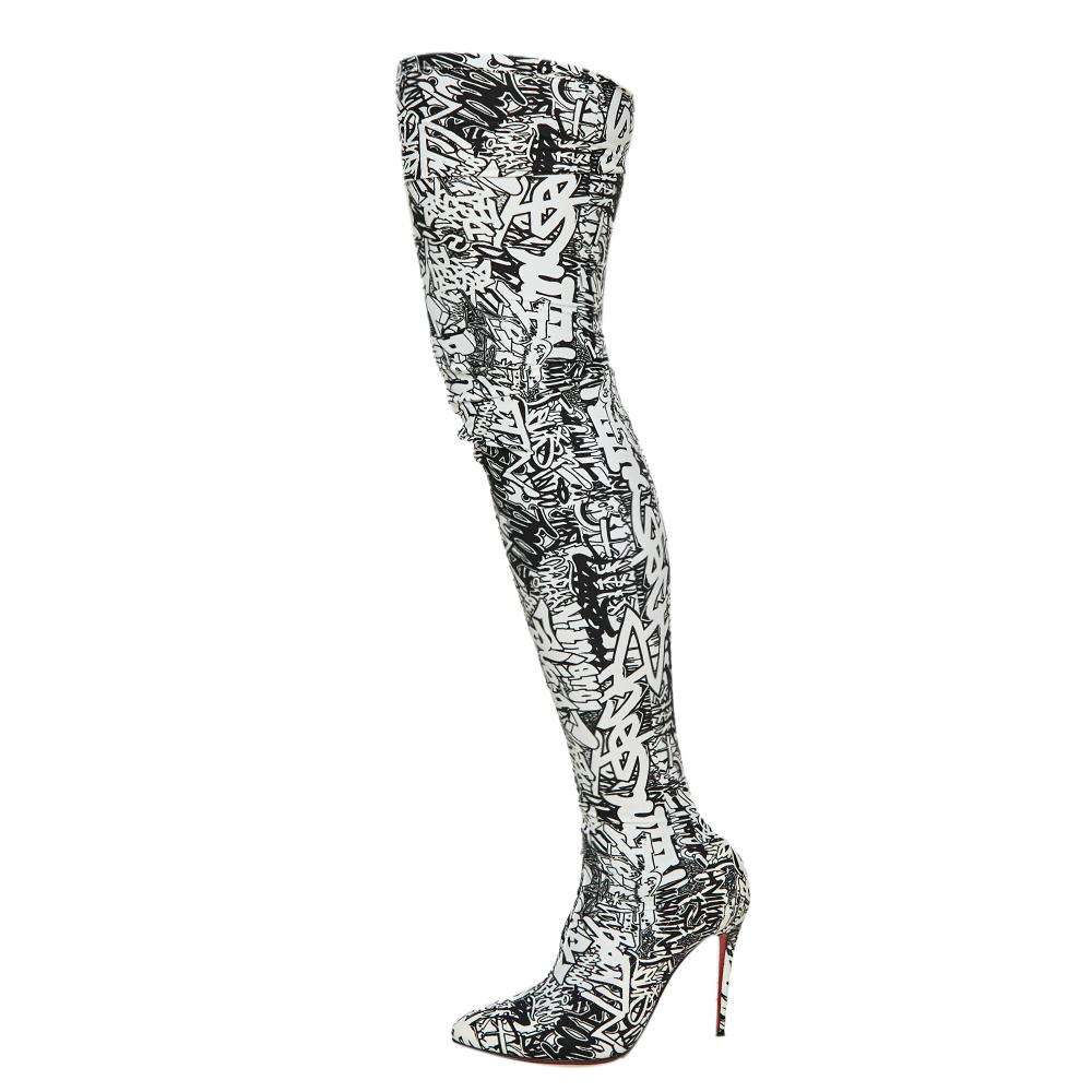 Christian Louboutin Monochrome Fabric Gravitissima Thigh High Boots Size 37 2