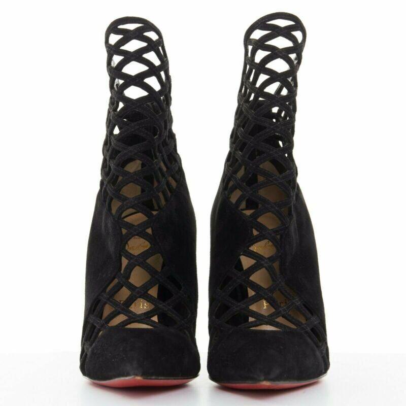 CHRISTIAN LOUBOUTIN Mrs Bouglione black suede mesh cut out pointy bootie EU35 In Good Condition For Sale In Hong Kong, NT