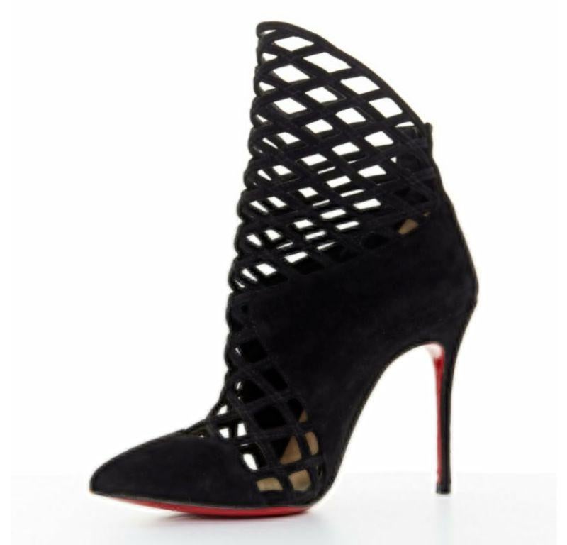 Women's CHRISTIAN LOUBOUTIN Mrs Bouglione black suede mesh cut out pointy bootie EU35 For Sale