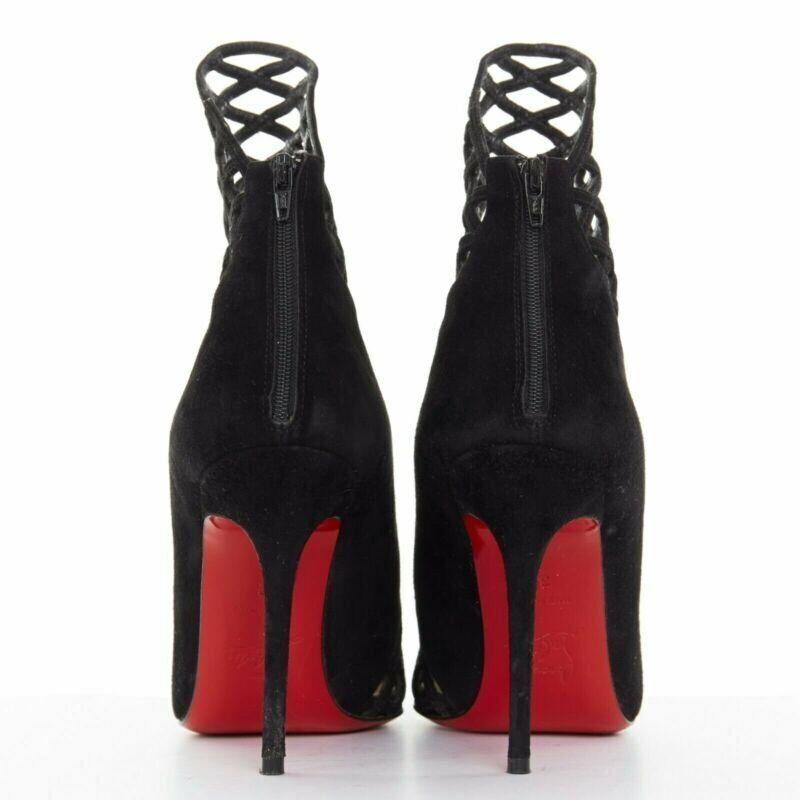CHRISTIAN LOUBOUTIN Mrs Bouglione black suede mesh cut out pointy bootie EU35 For Sale 1