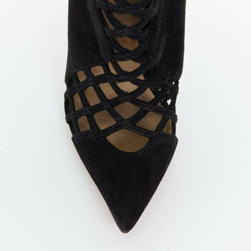 CHRISTIAN LOUBOUTIN Mrs Bouglione black suede mesh cut out pointy bootie EU35 For Sale 3