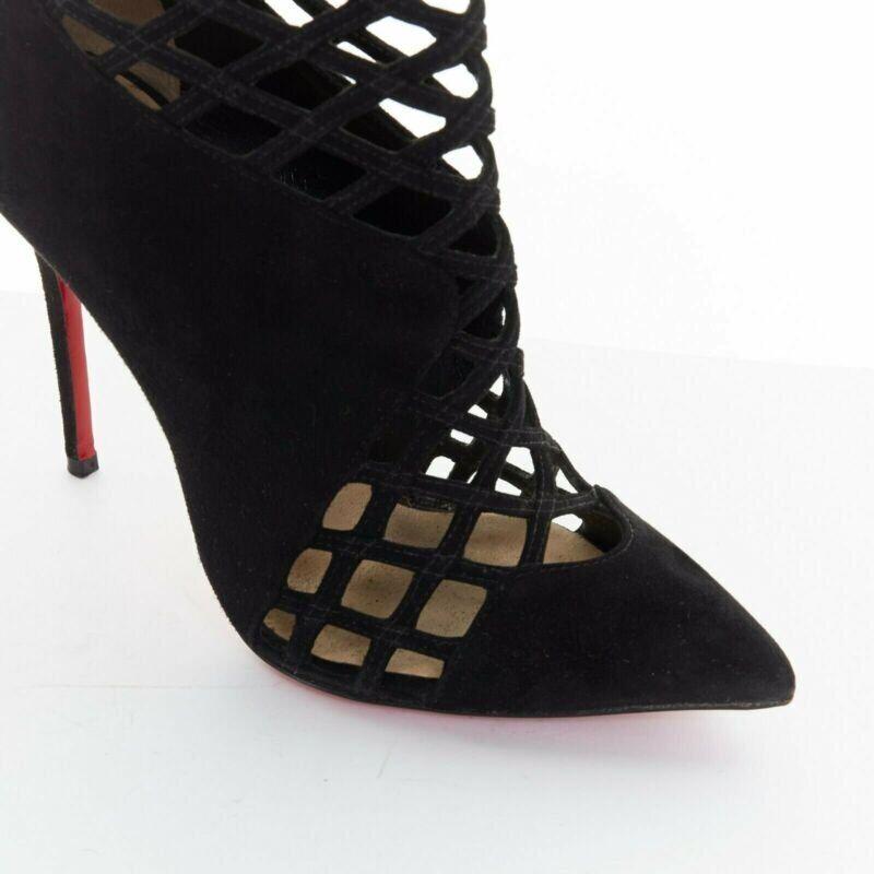 CHRISTIAN LOUBOUTIN Mrs Bouglione black suede mesh cut out pointy bootie EU35 For Sale 4